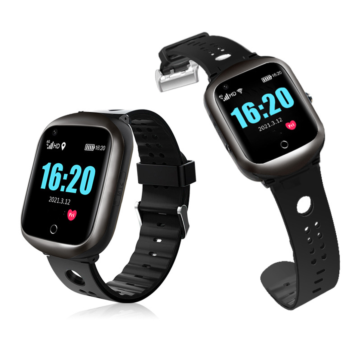 Zwei schwarze Smartwatches mit der Uhrzeit 16:20 auf dem Bildschirm. Eine ist offen, die andere geschlossen.