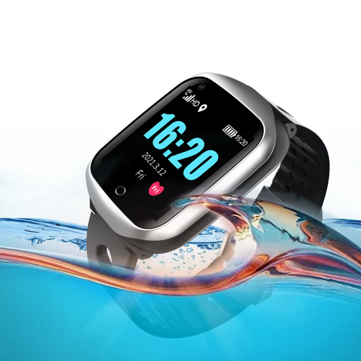 Smartwatch zeigt 16:20, Freitag, 12. März 2021. Die Uhr befindet sich im Wasser. Hat ein Herzsymbol.