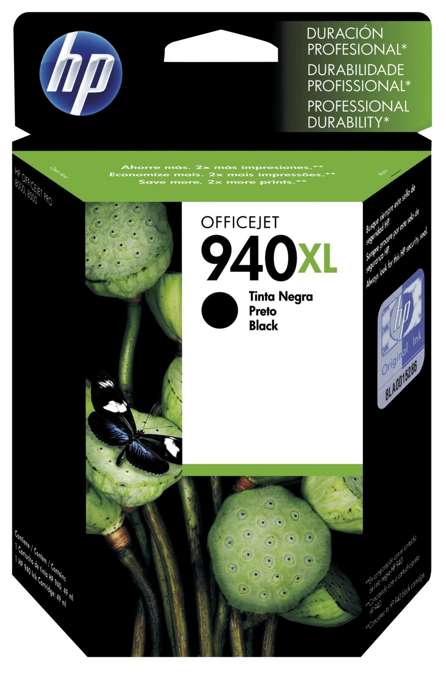 HP Officejet 940XL Schwarz-Tintenpatronenverpackung. Die Verpackung zeigt einen Schmetterling auf Lotusblumen.