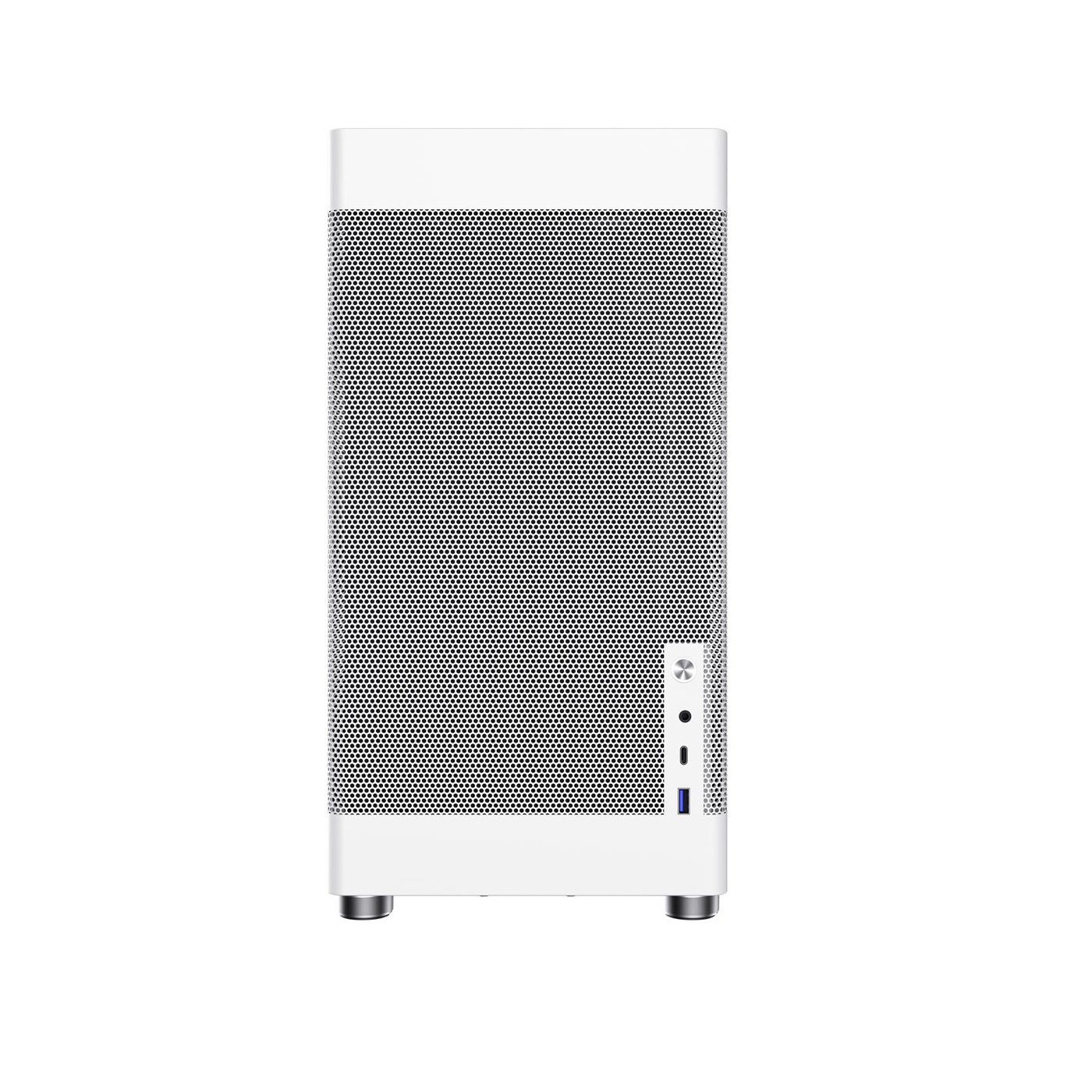 Caja de PC blanca con frontal perforado. Tiene un diseño limpio, minimalista y está vacía.