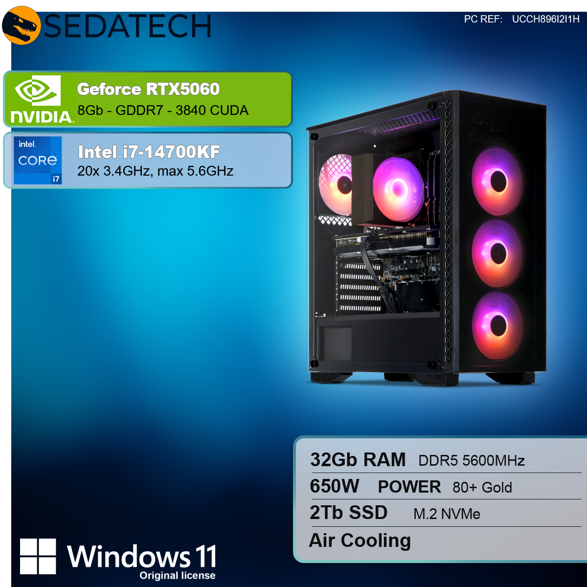 Czarna obudowa komputera z czerwonymi podświetlanymi wentylatorami. Specyfikacje: RTX 5060, Intel i7, 32GB RAM, 2TB SSD.