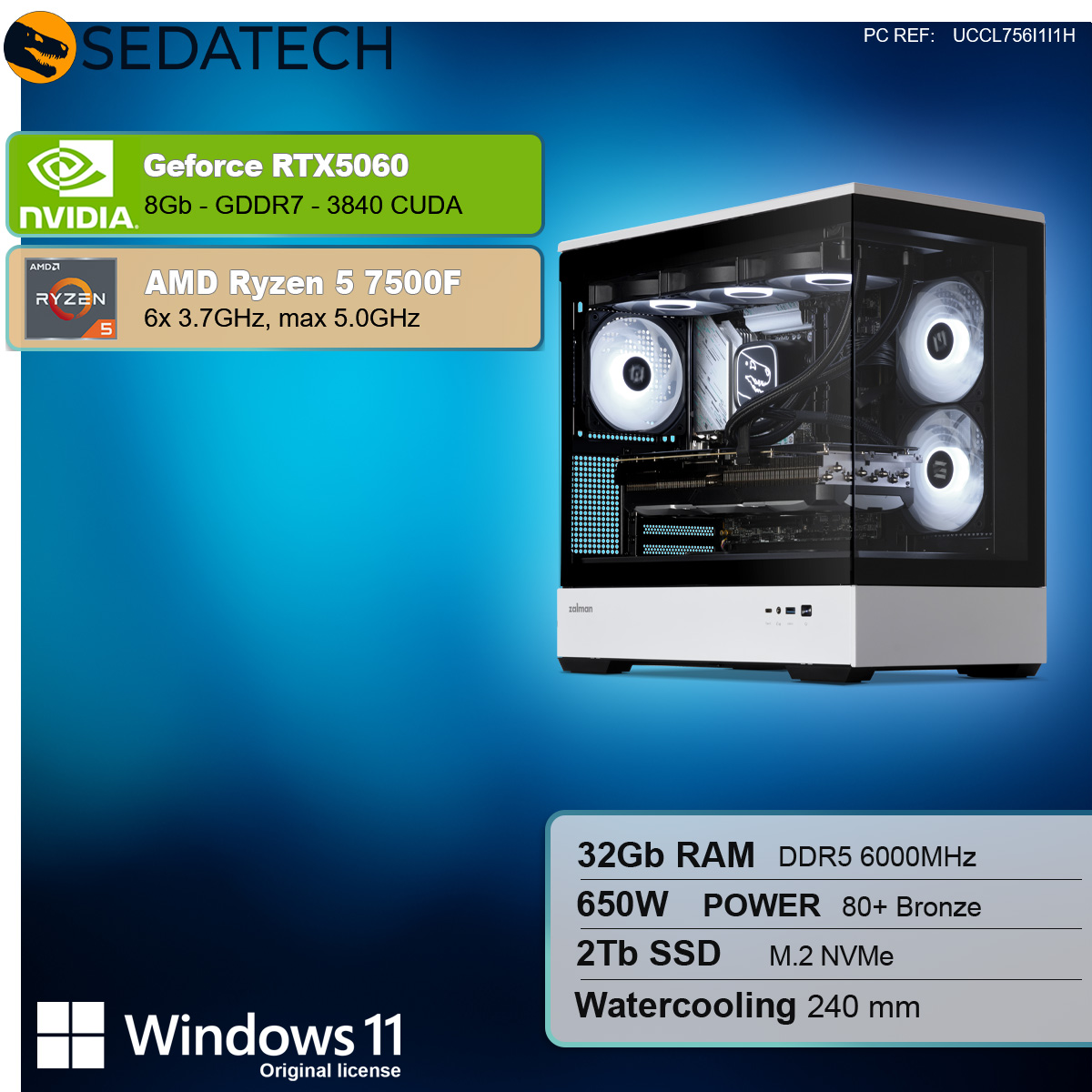 Un case per computer con componenti all'interno, etichettato con specifiche tra cui una GeForce RTX 5060.