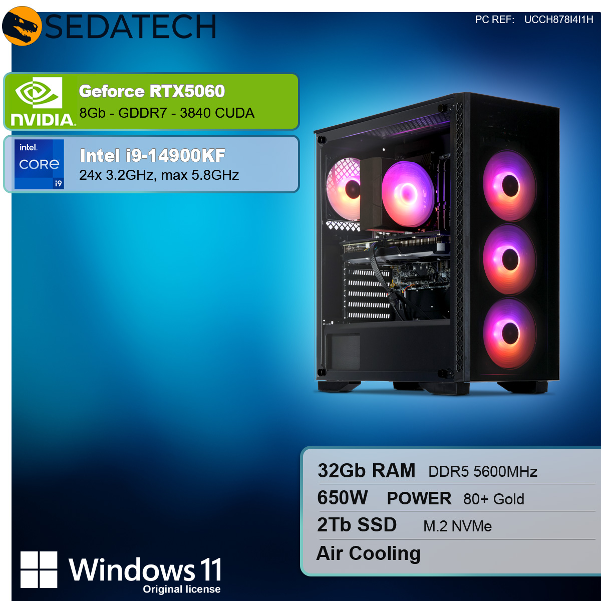 Czarna obudowa komputera z kolorowymi światłami. U góry po lewej logo Nvidia i Intel.