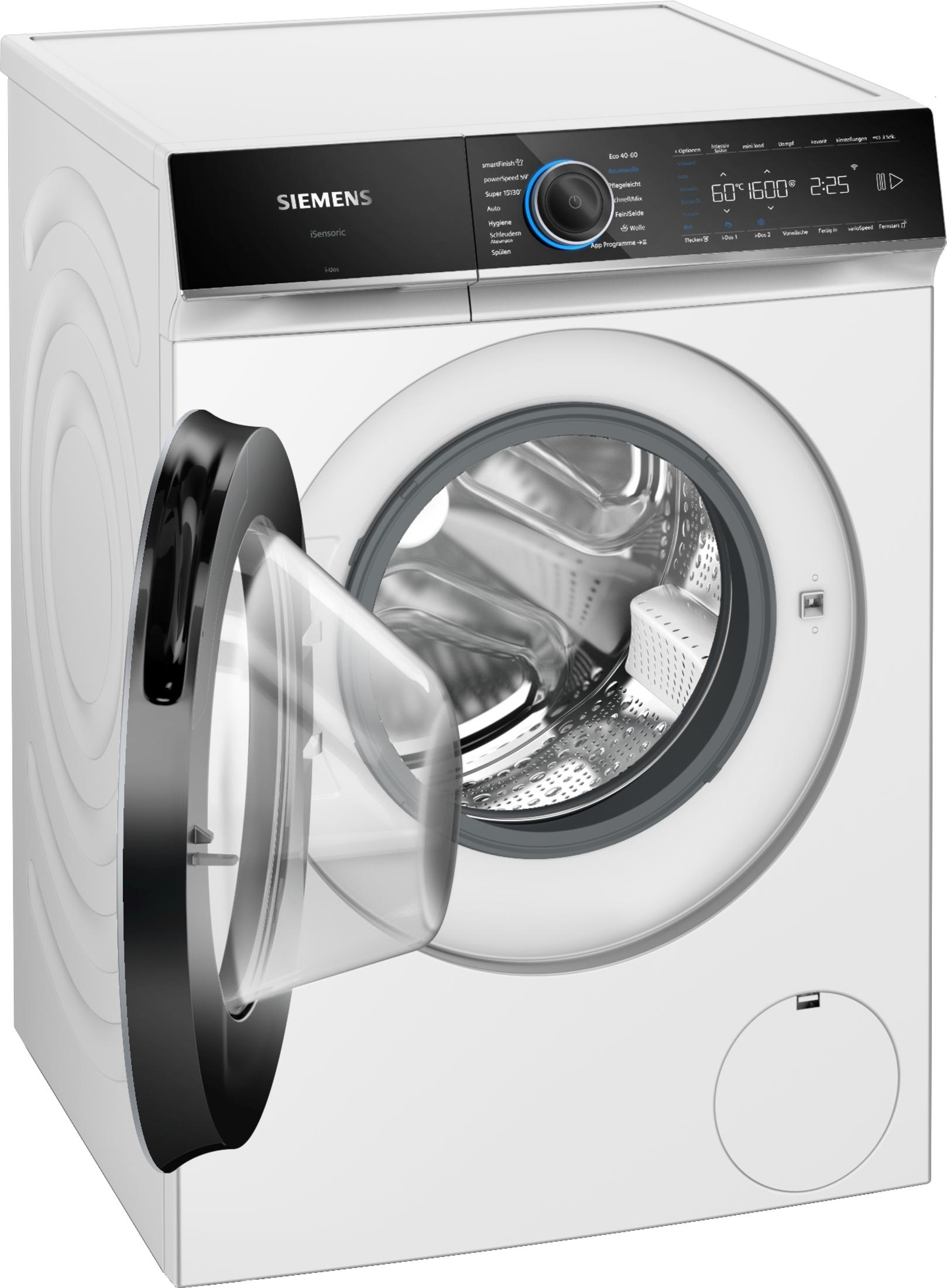 Eine weiße Waschmaschine mit offener Tür auf weißem Hintergrund.