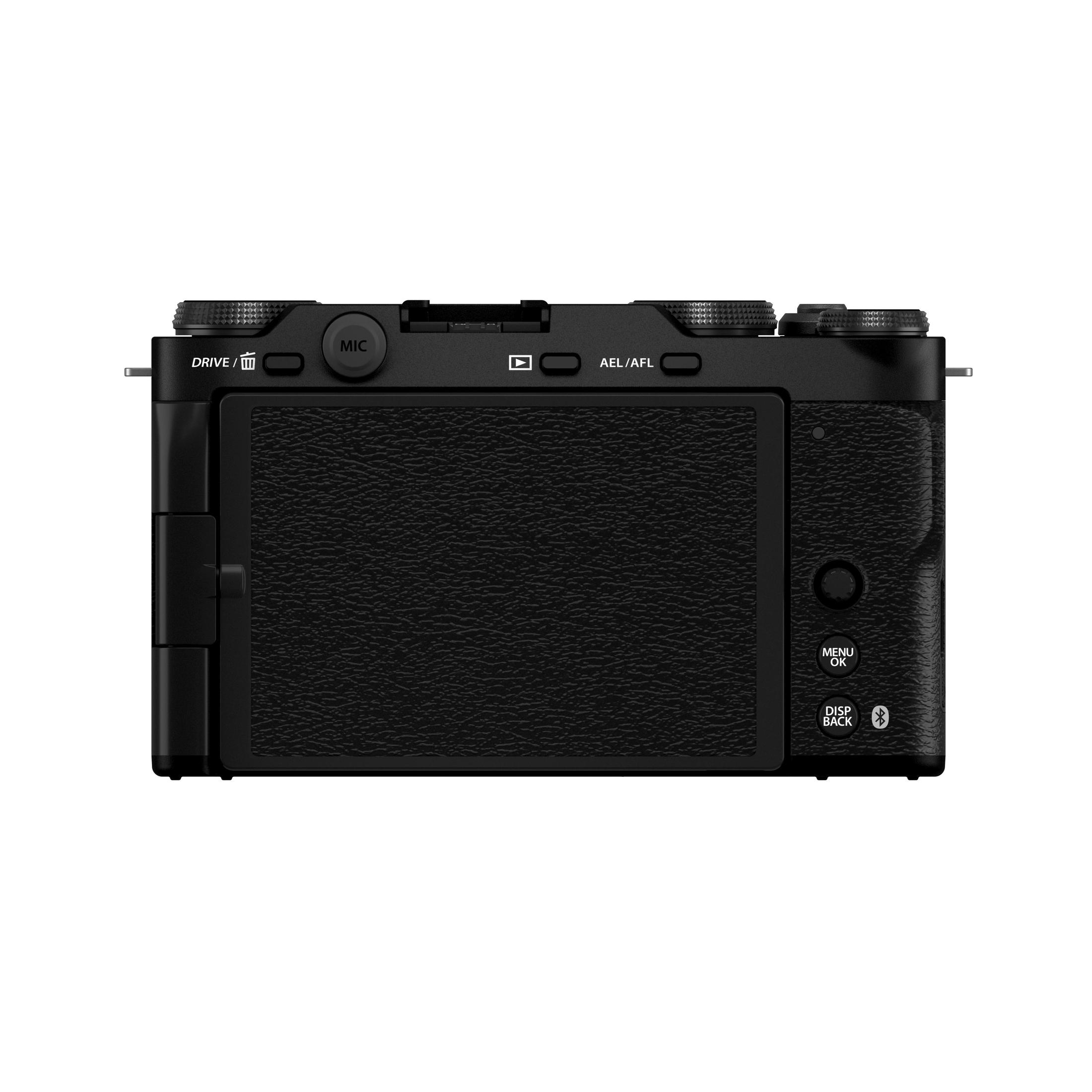 Eine schwarze spiegellose Kamera, Rückansicht, mit Knöpfen, Display und Einstellrädern, auf weißem Grund.