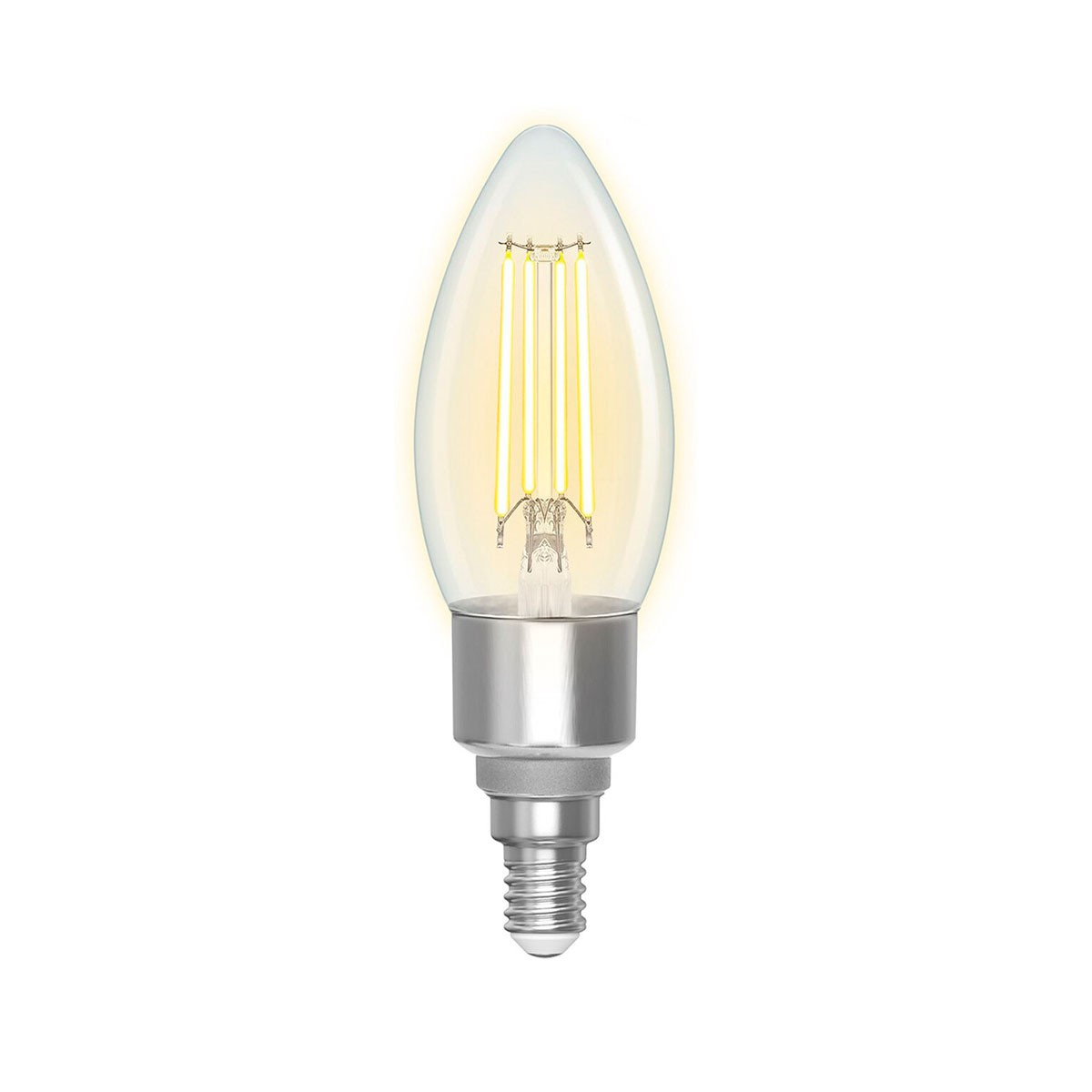 Una lampadina con vetro trasparente e filamenti gialli, su sfondo bianco.