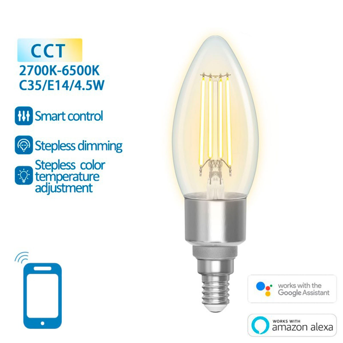 Una lampadina con filamenti, funzioni di controllo intelligente e opzioni di regolazione della temperatura.