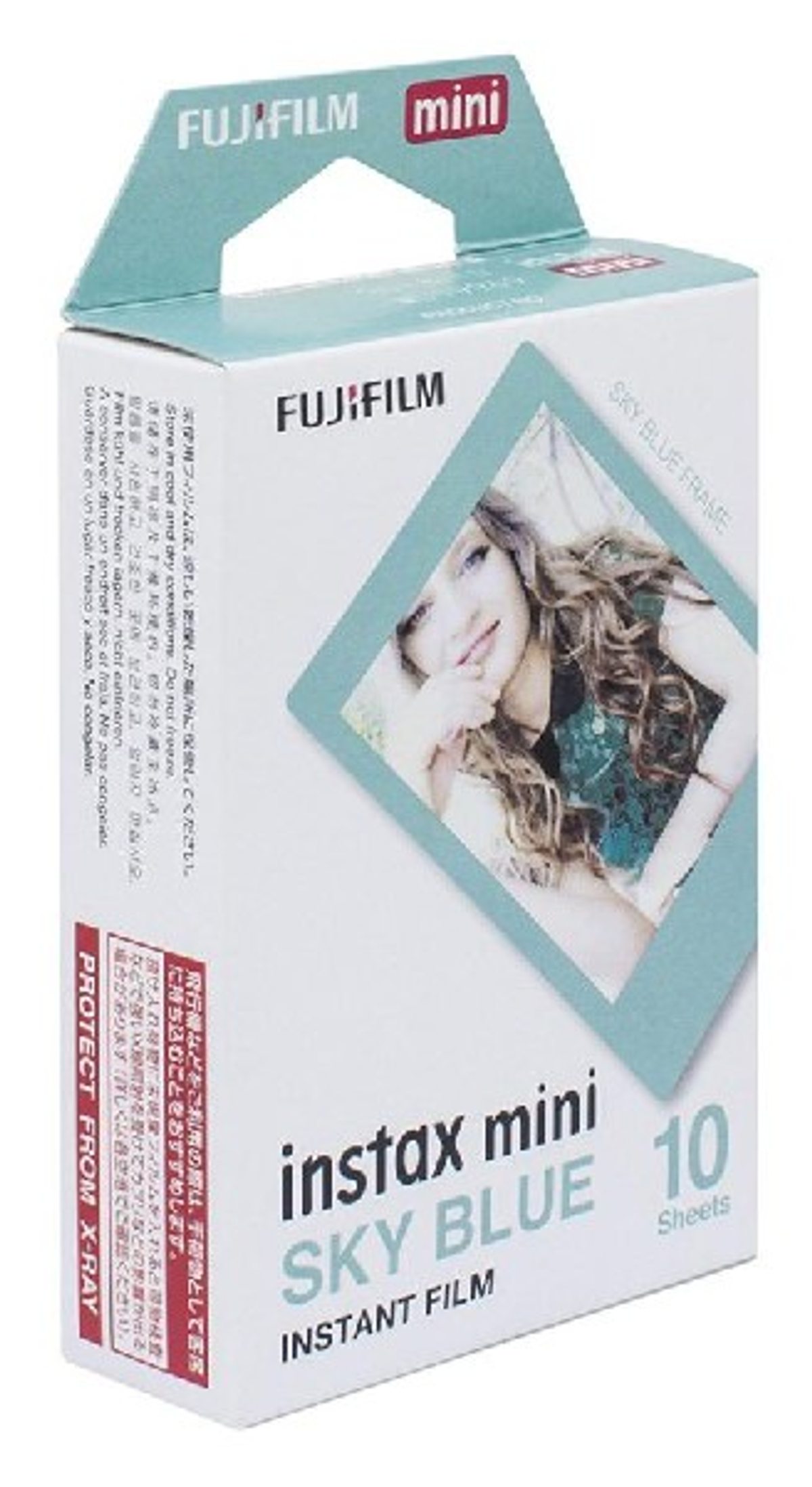 Pudełko filmu natychmiastowego Instax Mini Sky Blue. Pudełko pokazuje zdjęcie osoby z błękitną ramką.