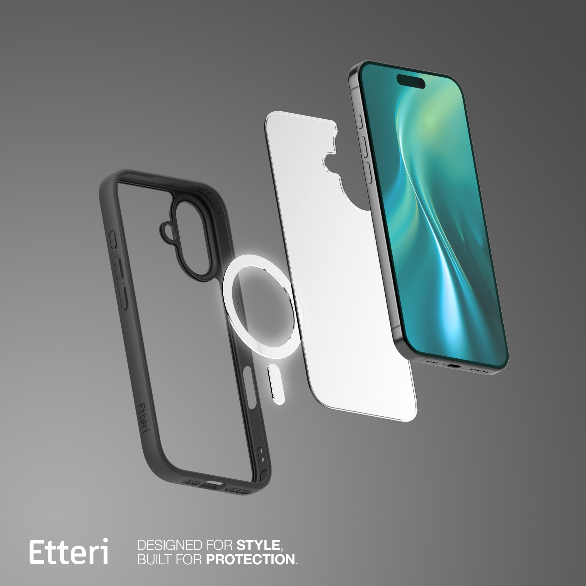 Etui na telefon z trzema warstwami, ilustrujące telefon.
