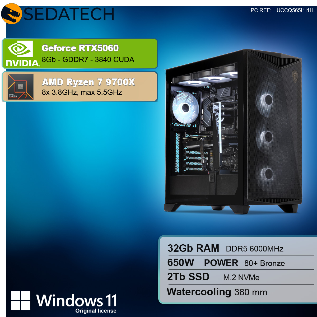 Un computer con specifiche, tra cui un processore AMD Ryzen 7 9700X e Windows 11.