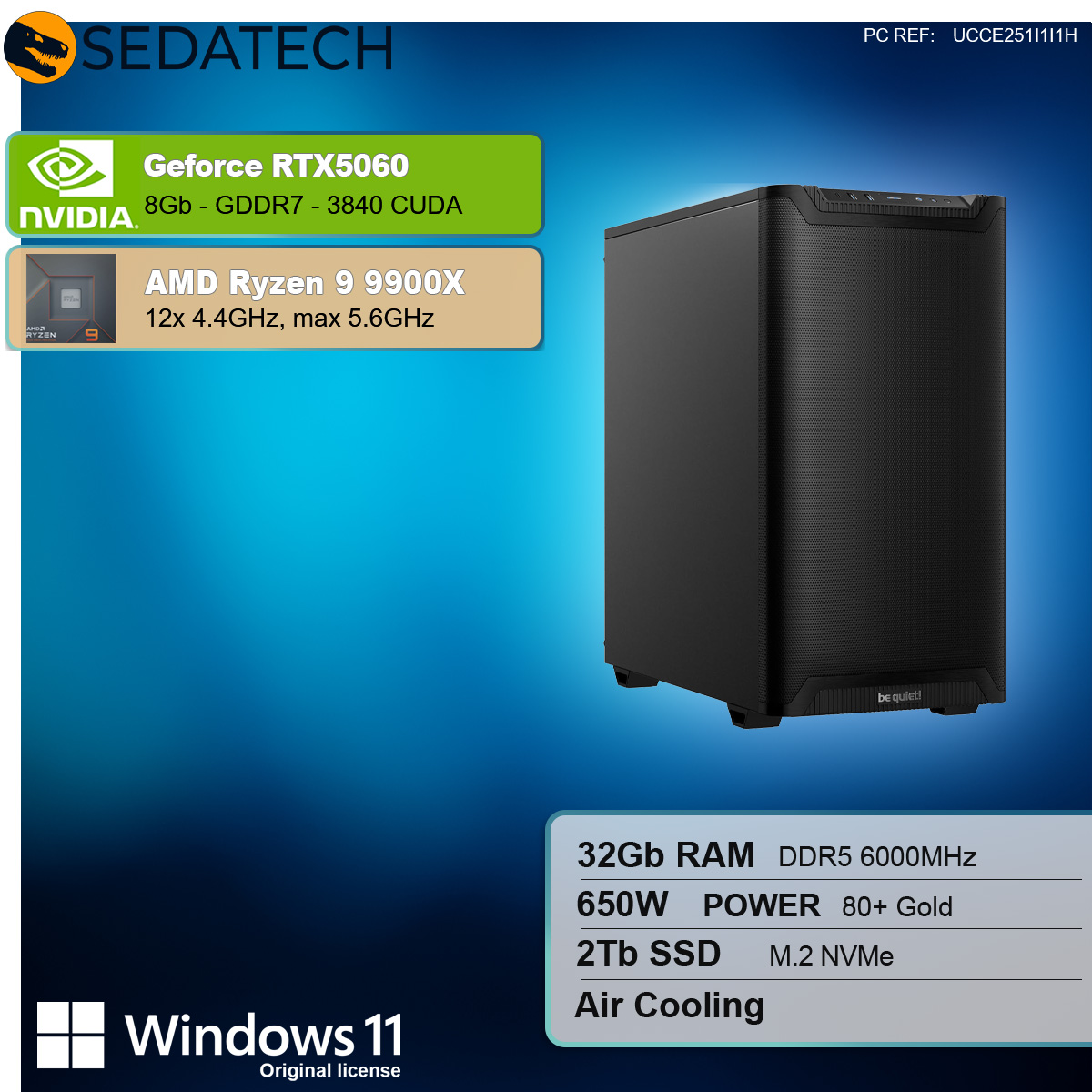 Case per computer con dettagli dei componenti, inclusi scheda grafica Nvidia e AMD Ryzen.