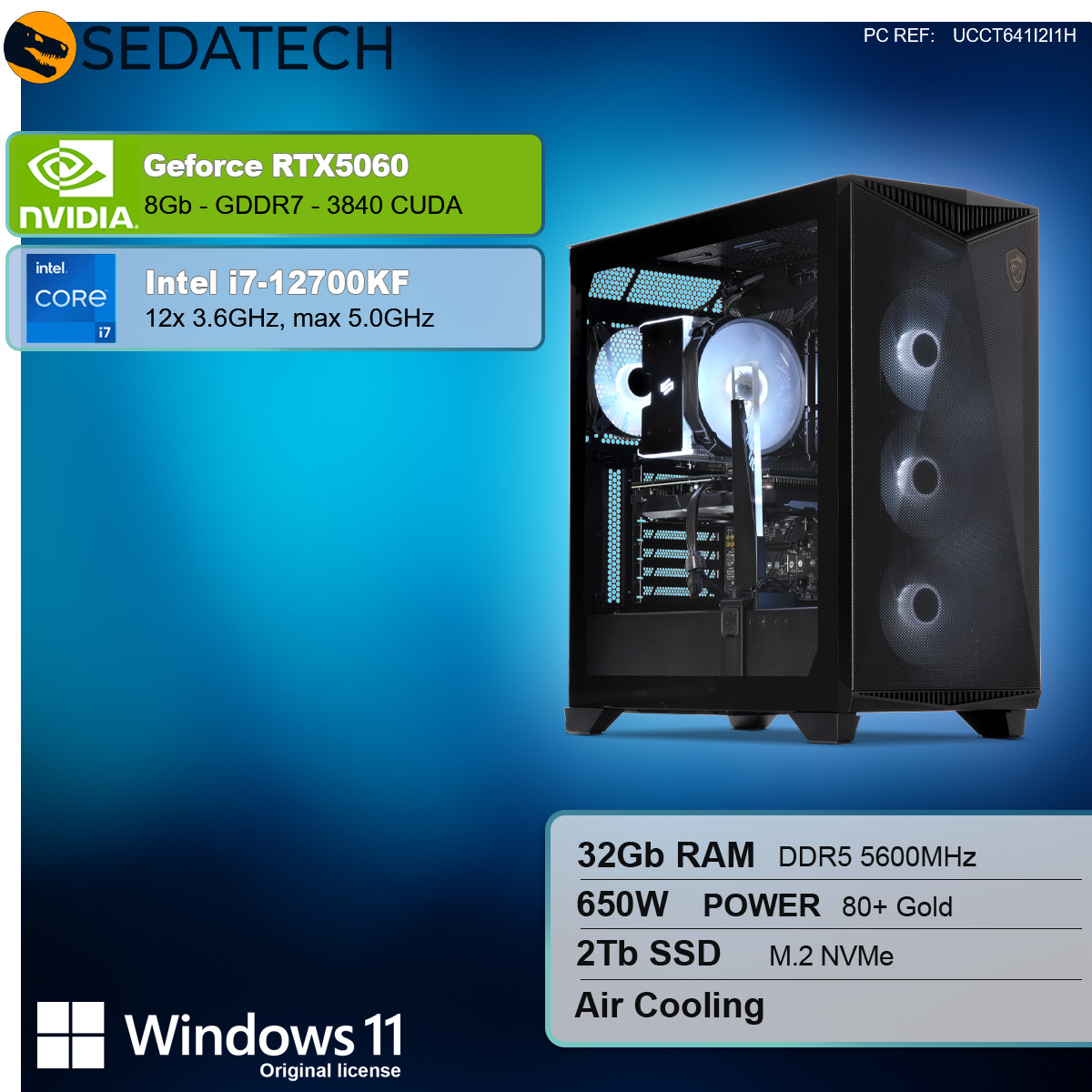 Case per computer nero con componenti Intel. Include i7-12700KF, RTX 5060 e Windows 11. Componenti illuminati.