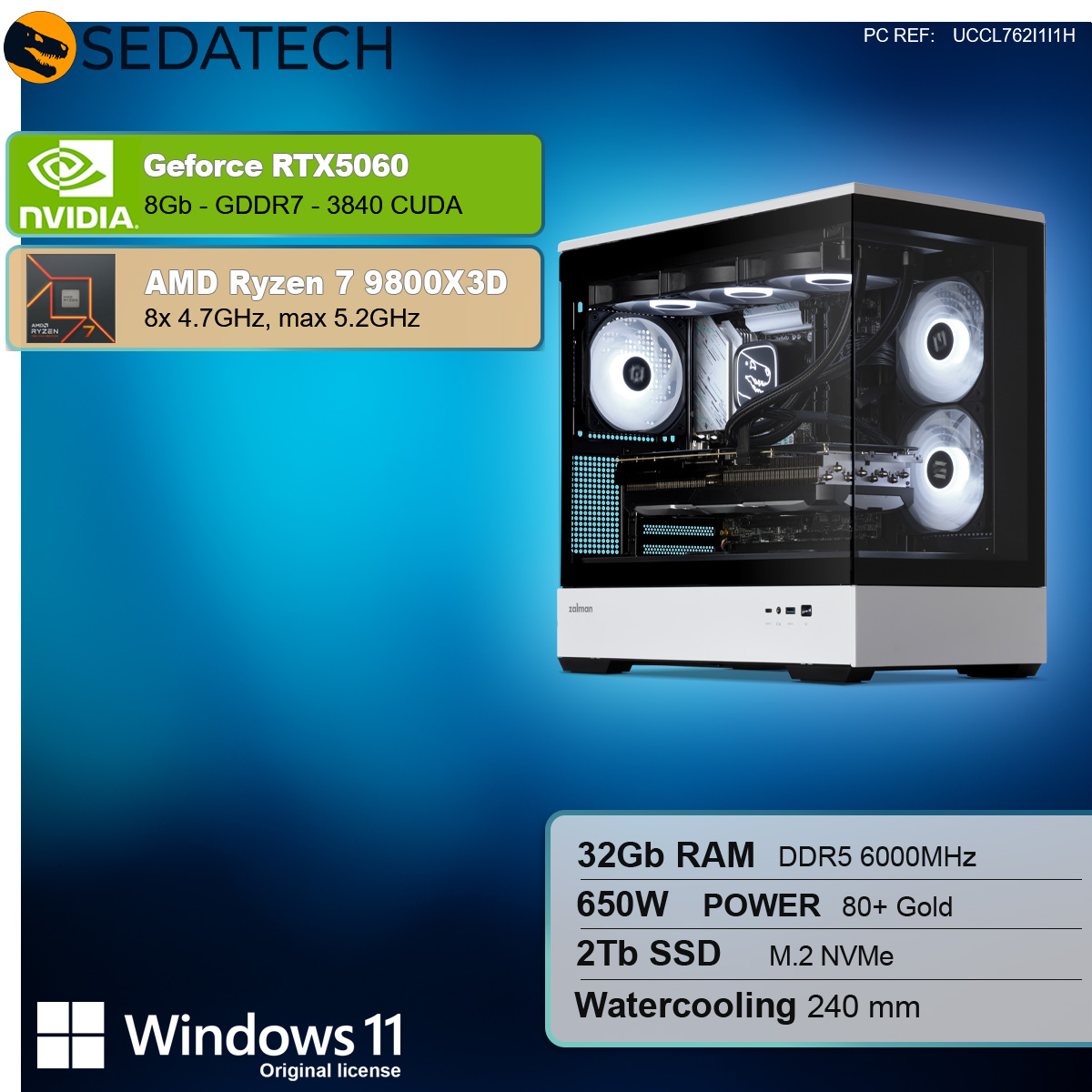 Un case per computer con un lato trasparente, che mostra i componenti interni, e luci blu e bianche.