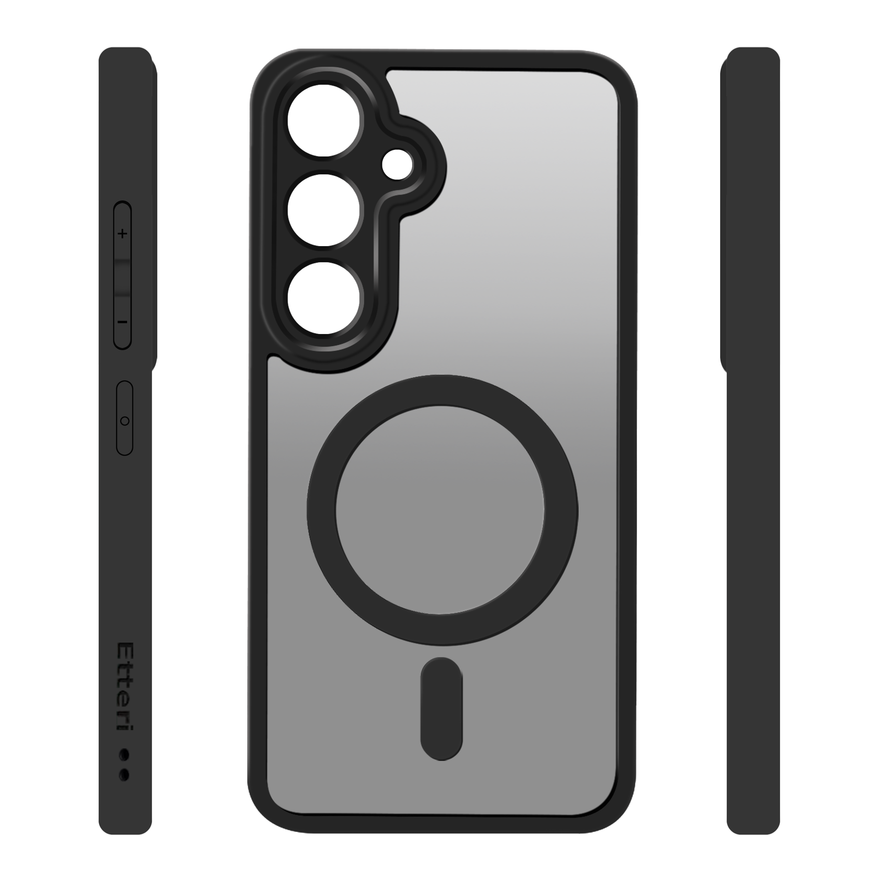 Custodia nera con design a cerchio nero. La custodia è su sfondo bianco.
