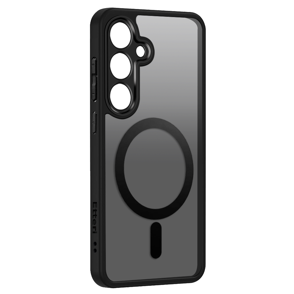 Una custodia per telefono nera, con un cerchio nero e un'icona. Il telefono è all'interno e lo sfondo è grigio.