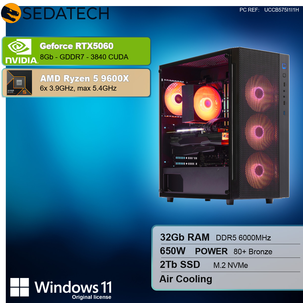 Czarny komputer stacjonarny z świecącymi wentylatorami, Nvidia GeForce RTX5060, AMD Ryzen 5 9600X.