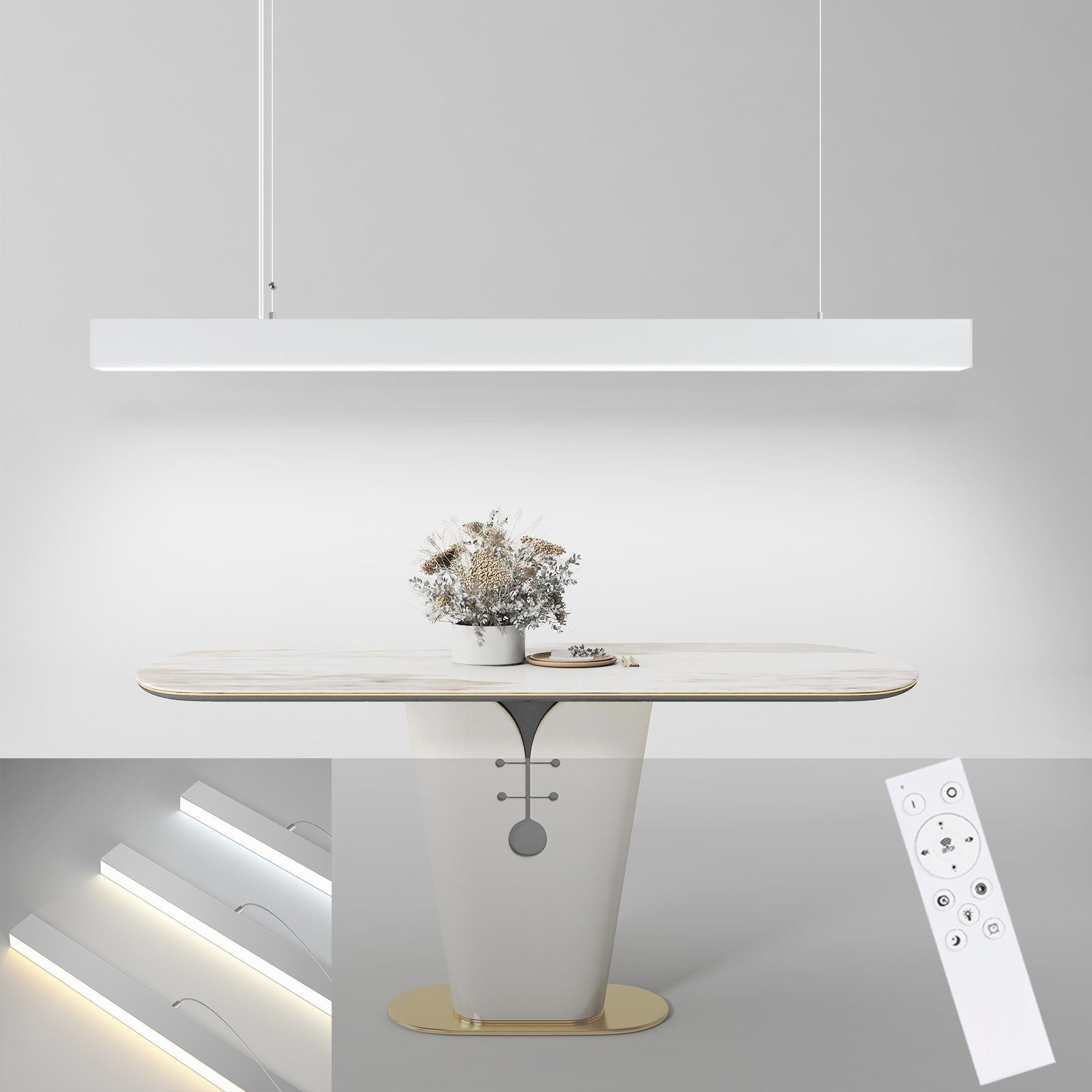 Weißer moderner Esstisch mit langer LED-Leuchte und Fernbedienung.
