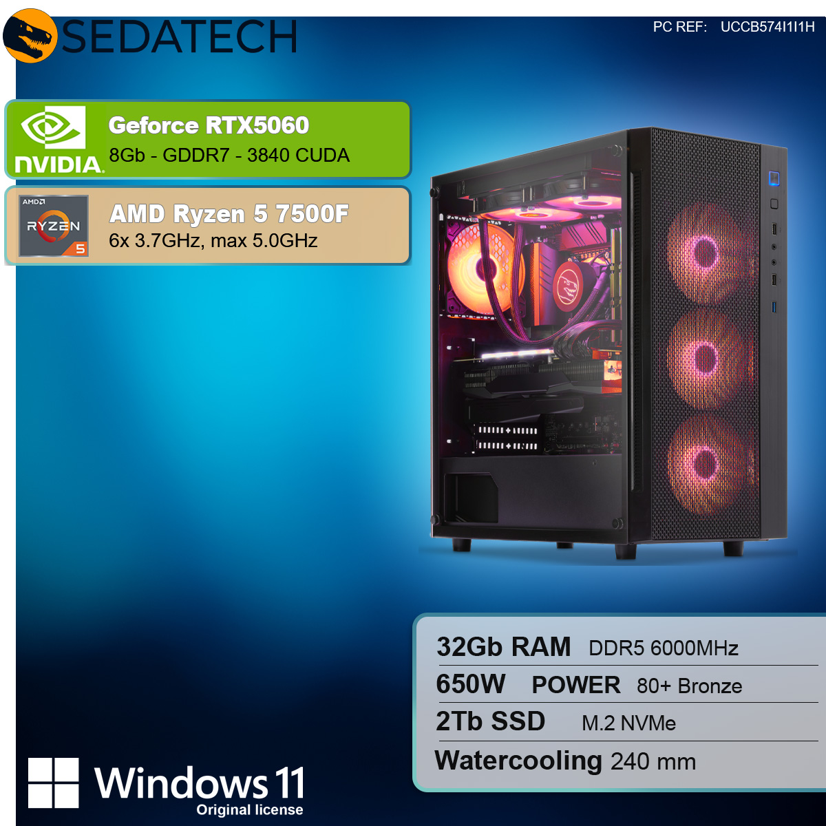 Czarna obudowa komputera, ze szczegółami NVIDIA GeForce RTX 5060 i AMD Ryzen 5 7500F.