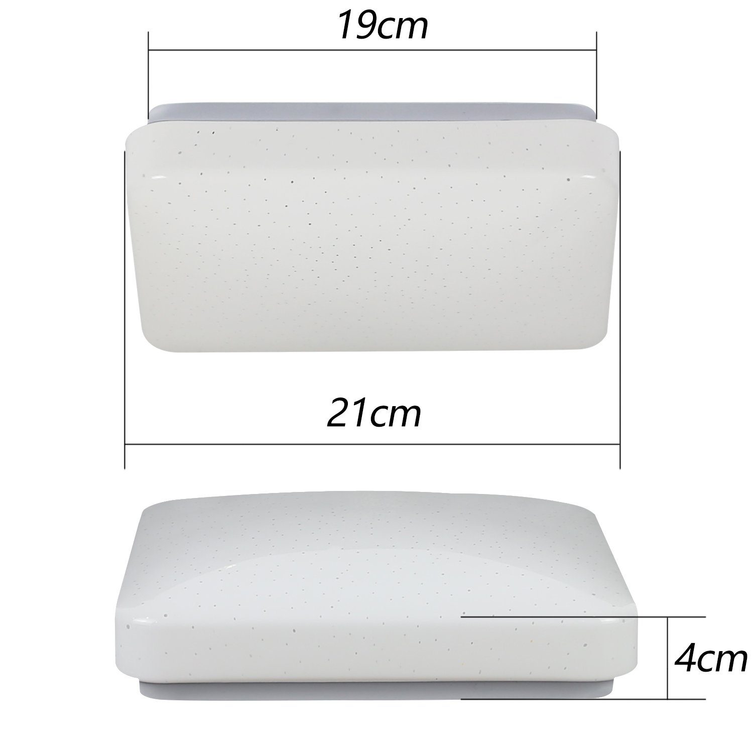 Eine weiße Leuchte, Abmessungen beschriftet. Zwei Ansichten: oben und Seite. 19 cm, 21 cm und 4 cm.