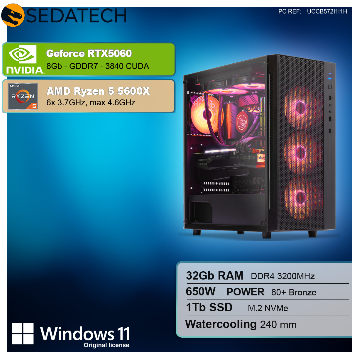 Componenti PC: GeForce RTX 5060, AMD Ryzen 5 5600X, 32GB RAM, 1TB SSD, raffreddamento a liquido.