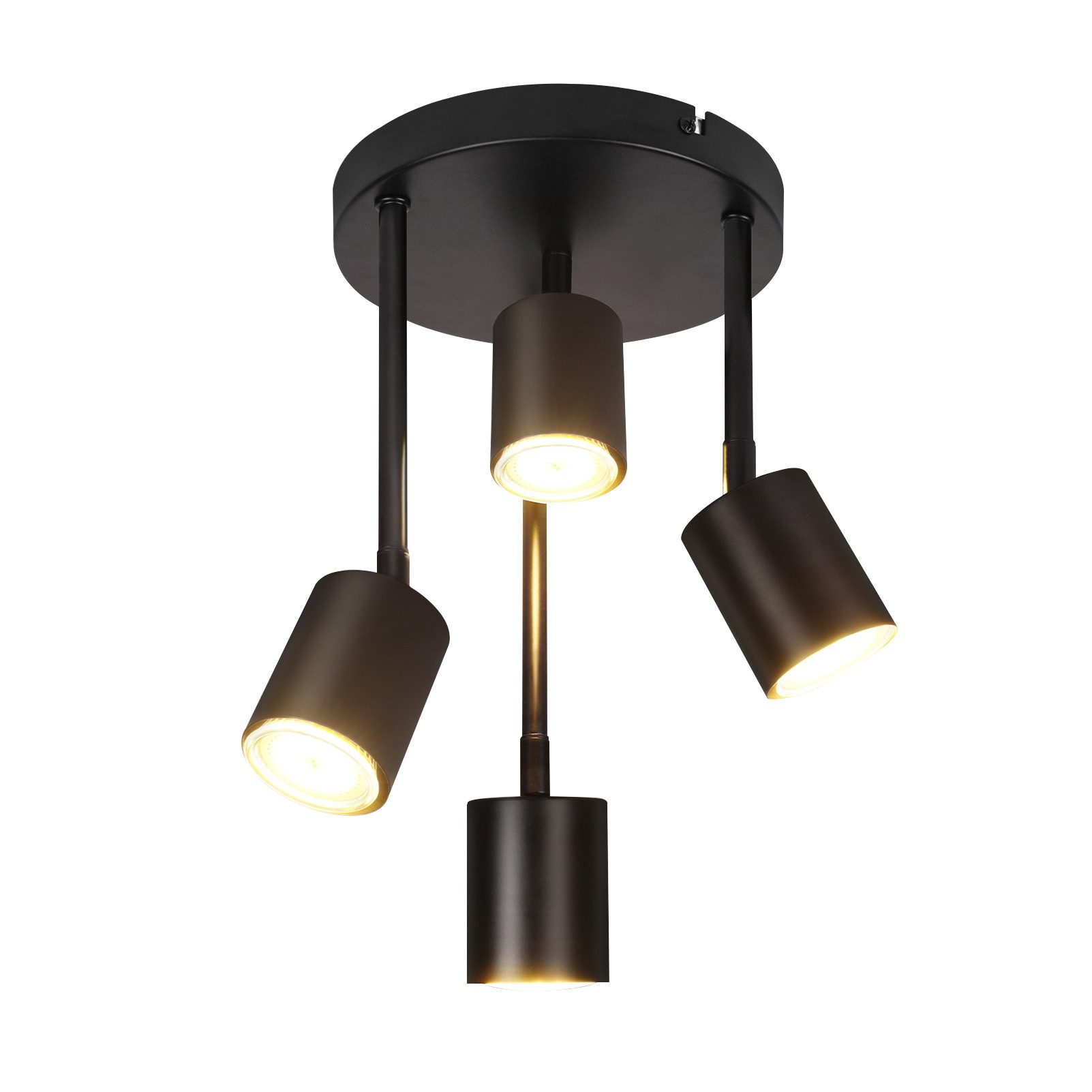 Czarna lampa sufitowa z trzema regulowanymi reflektorami. Każdy reflektor jest ustawiony pod innym kątem.