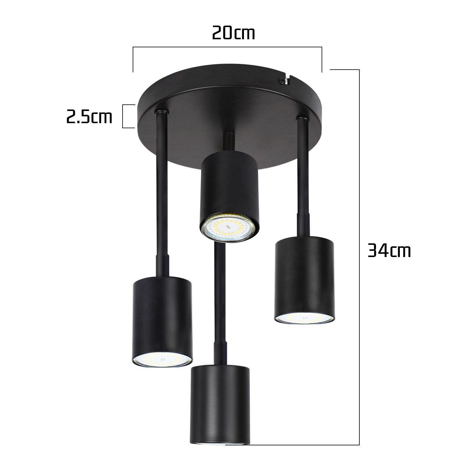 Lampa sufitowa z trzema czarnymi walcami i wymiarami: 20cm x 2,5cm x 34cm.