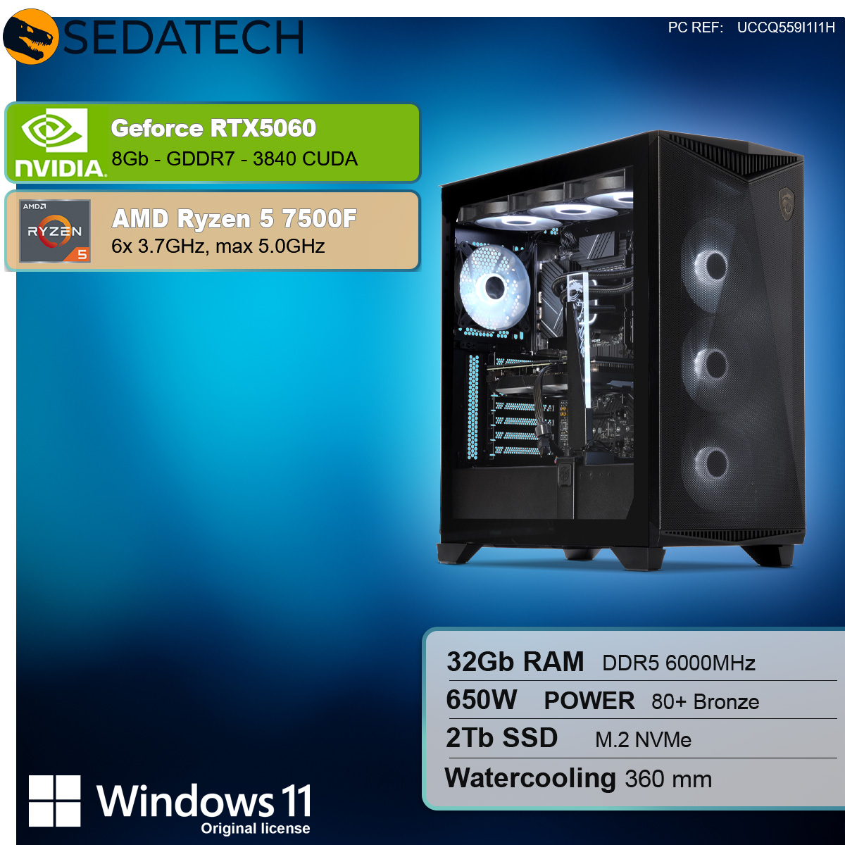 Un case per computer desktop nero con componenti e dettagli su sfondo blu.