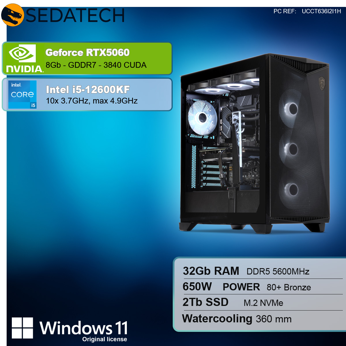 Un case per computer desktop con componenti e testo delle specifiche.