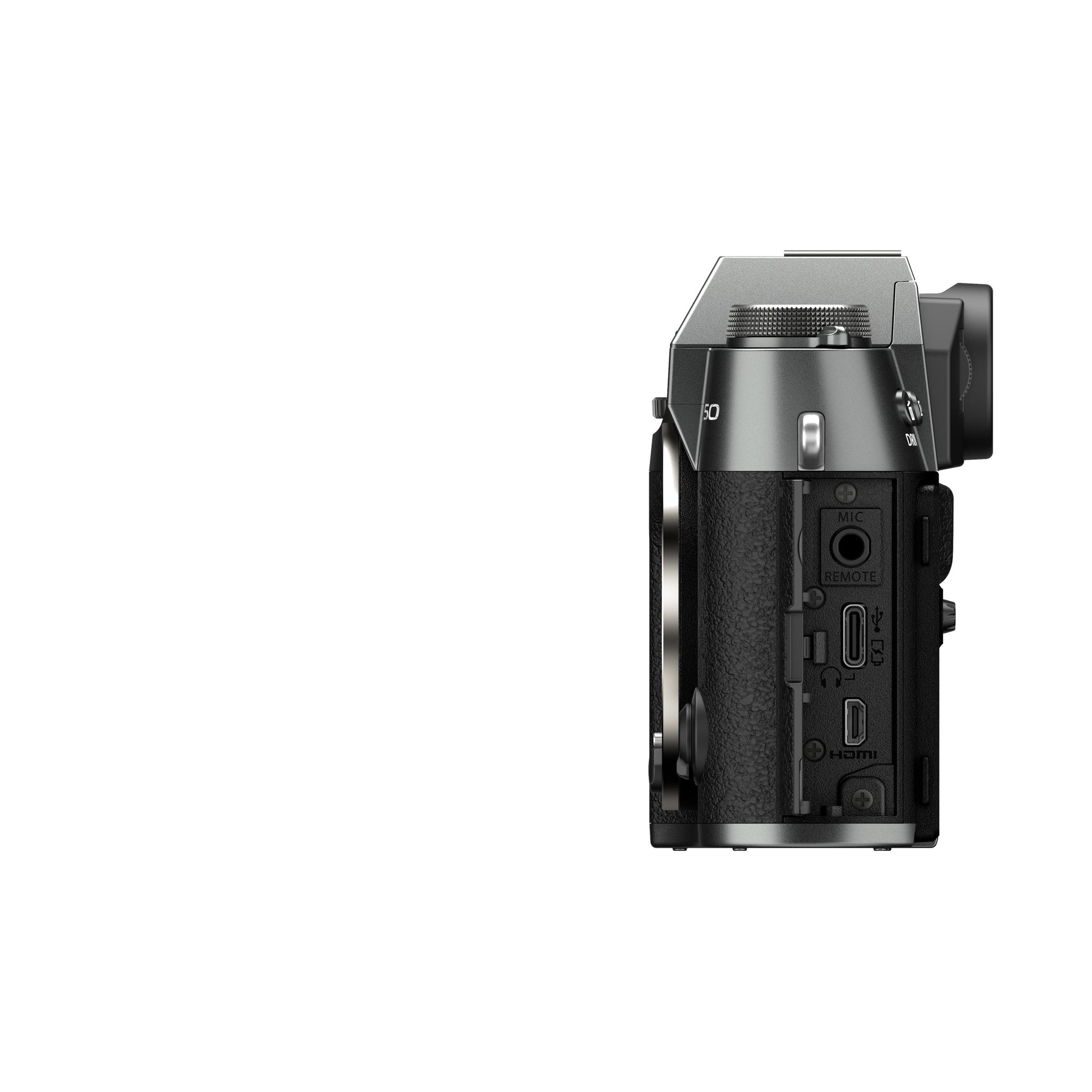 Zijaanzicht van een donkergrijze camera met een lens en knoppen.