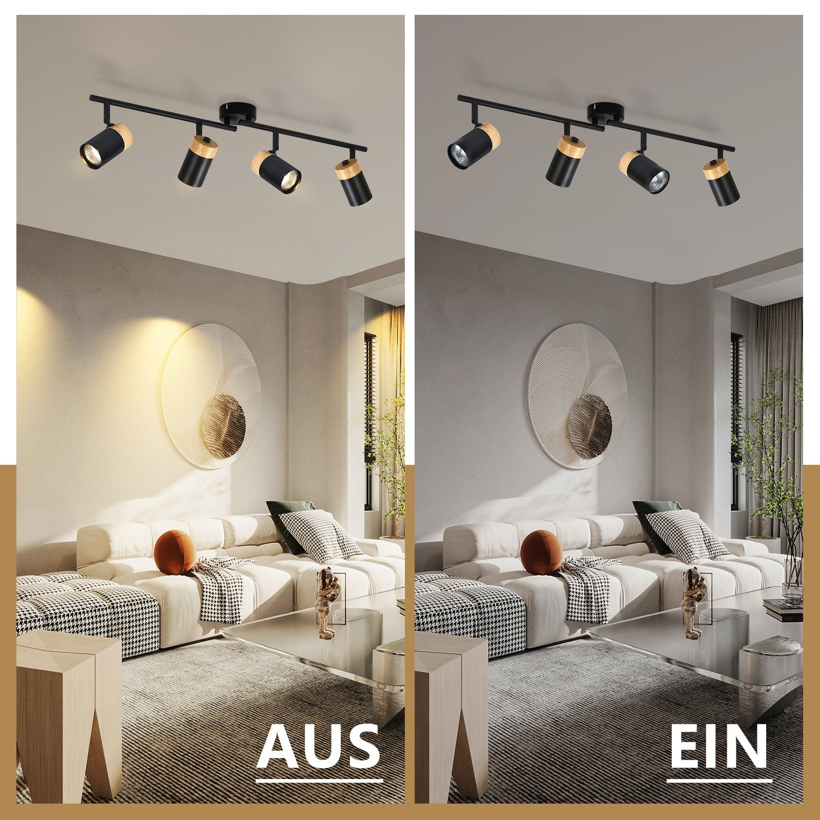 Due immagini di un soggiorno con illuminazione a binario. Una mostra le luci spente (AUS), l'altra accese (EIN).