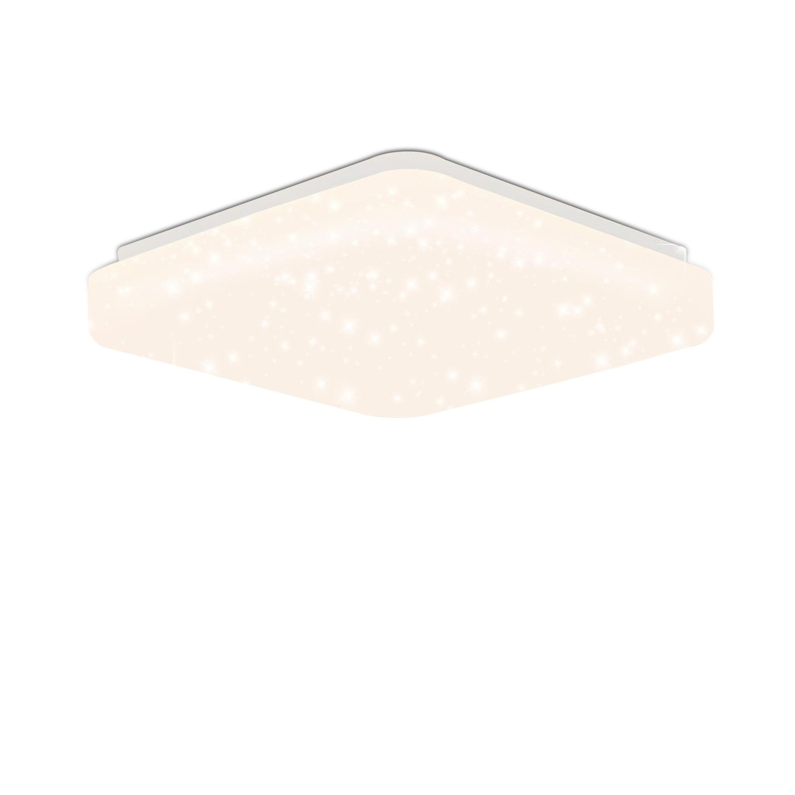 Kwadratowa lampa sufitowa, biała z wzorem gwiazd.