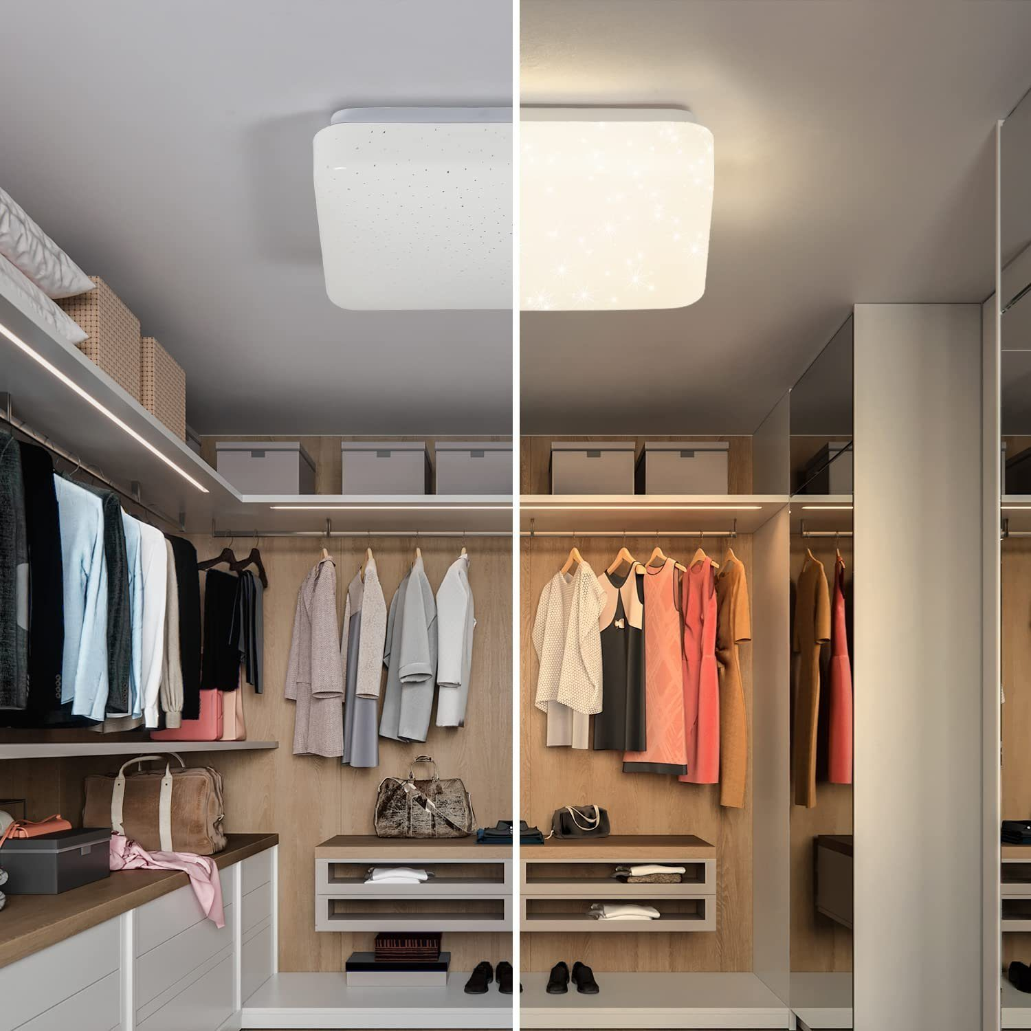 Podzielony widok szafy z oprawą oświetleniową, pokazujący różne temperatury światła i stroje.