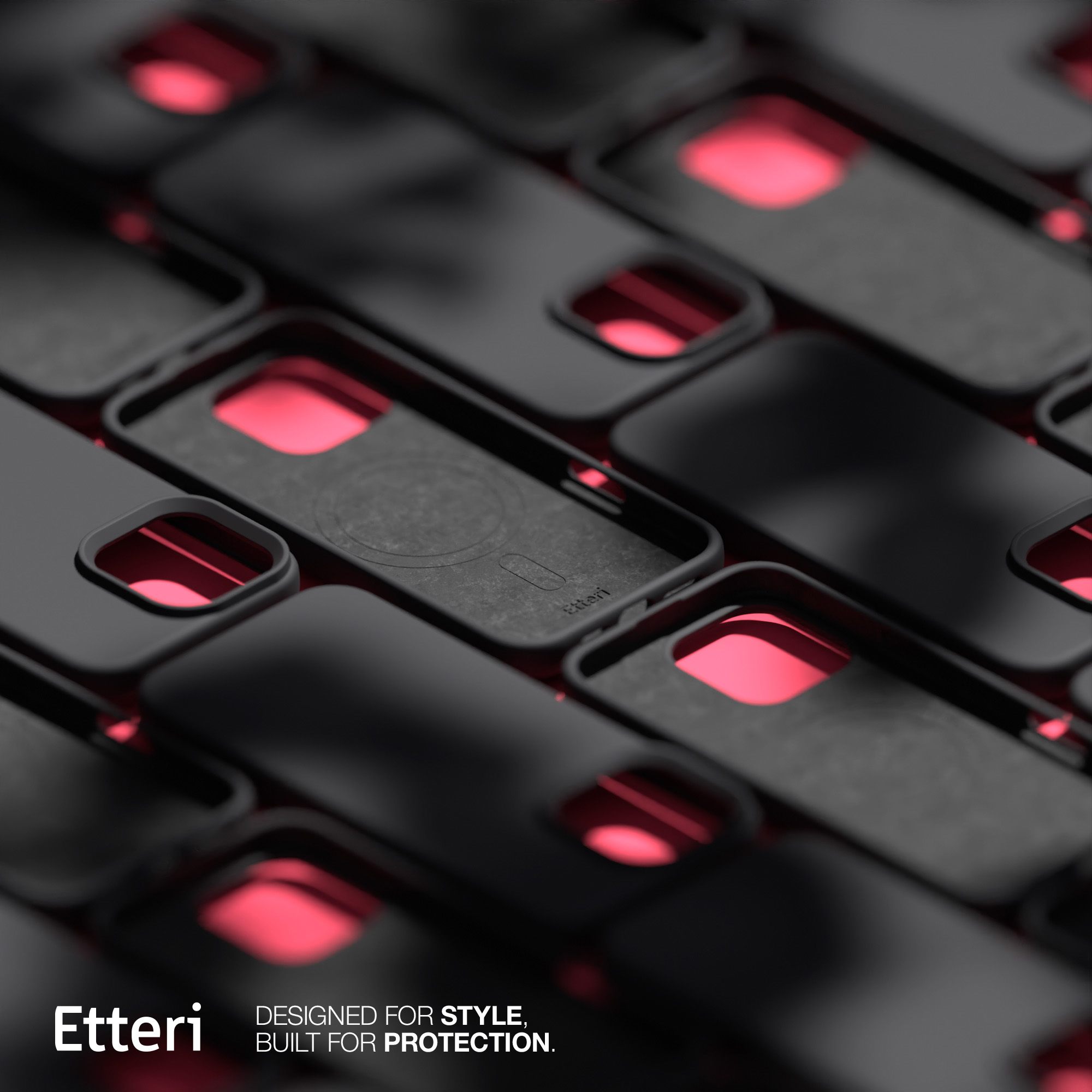 Molteplici custodie per telefoni neri con interno rosso, disposte in un primo piano.