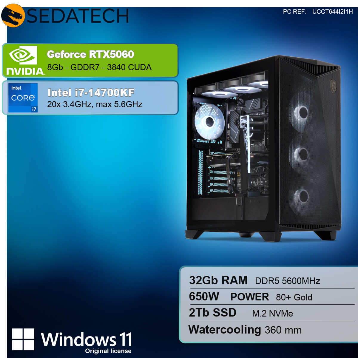 Ein PC mit NVIDIA GeForce RTX 5060 und Intel i7-14700KF CPU. Zeigt Spezifikationen.