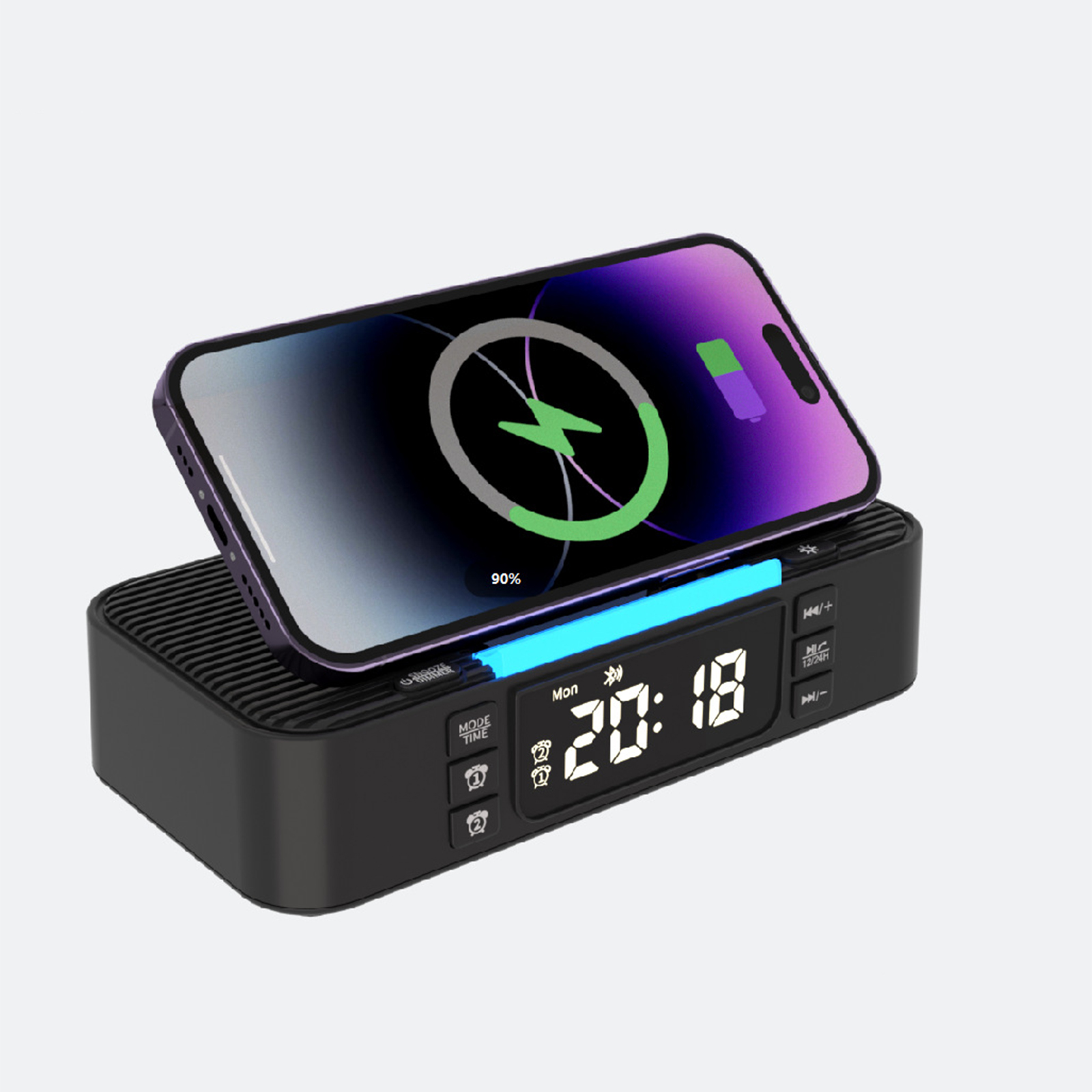 Schwarzer, kabelloser Wecker mit einem Telefon oben. Das Telefon zeigt ein Ladesymbol.