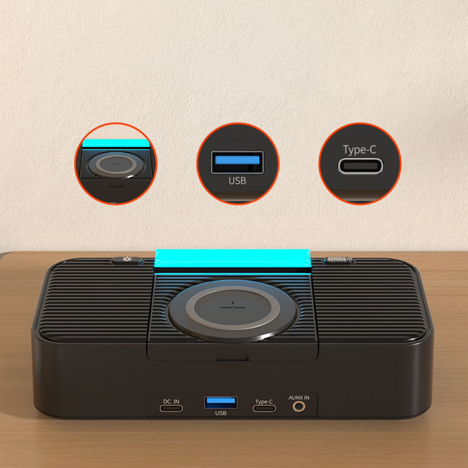 Ein schwarzes Ladegerät mit USB- und Typ-C-Anschlüssen, hervorgehoben durch Einsetzansichten dieser Anschlüsse.