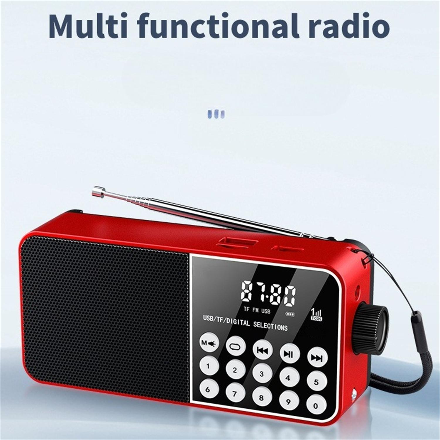 Ein rotes rechteckiges Radio mit Digitalanzeige, Knöpfen und Antenne, vor blauem Hintergrund.