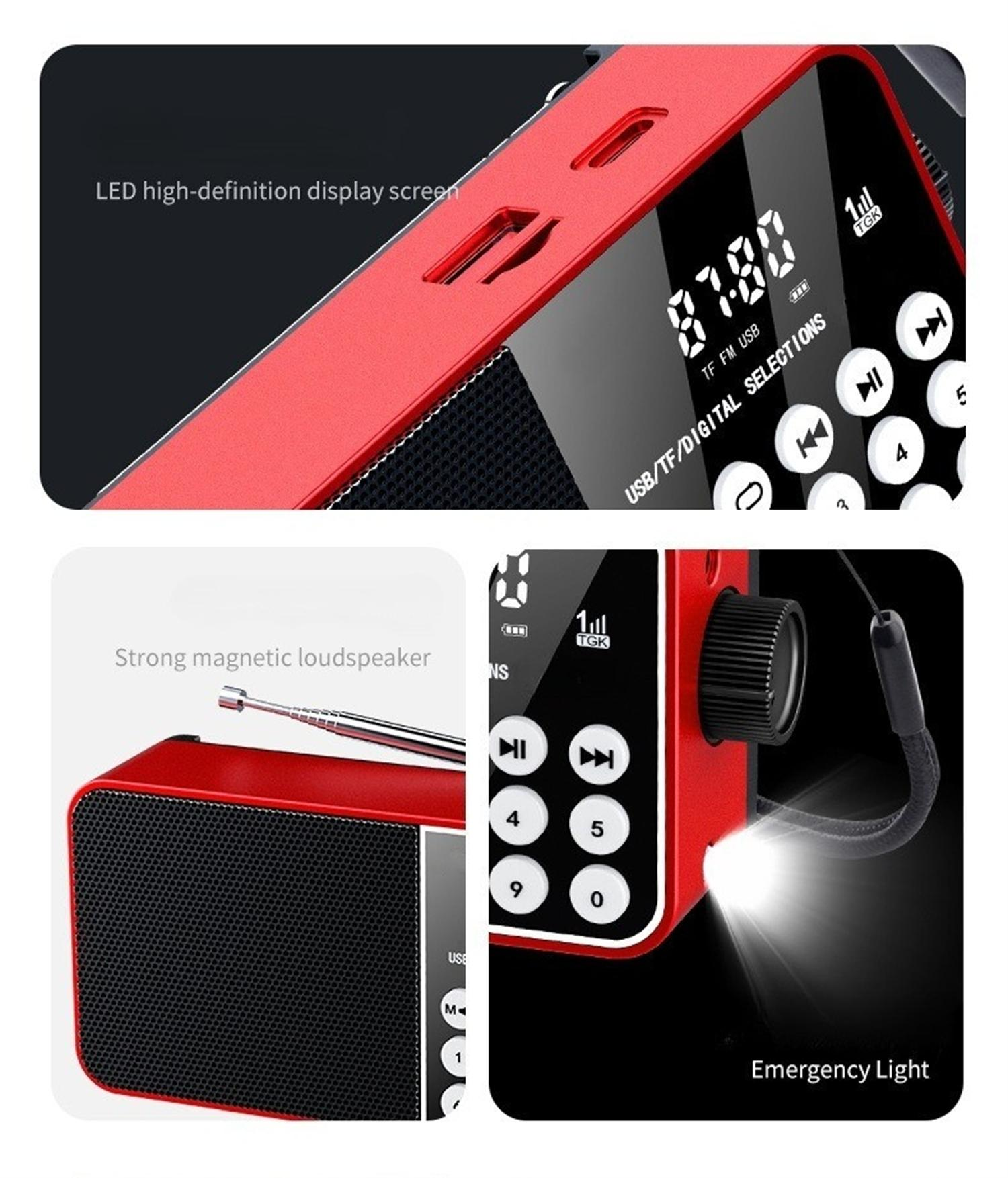 Rotes Radio mit Display, Knöpfen und Notlicht. Schwarzes Lautsprechergitter.