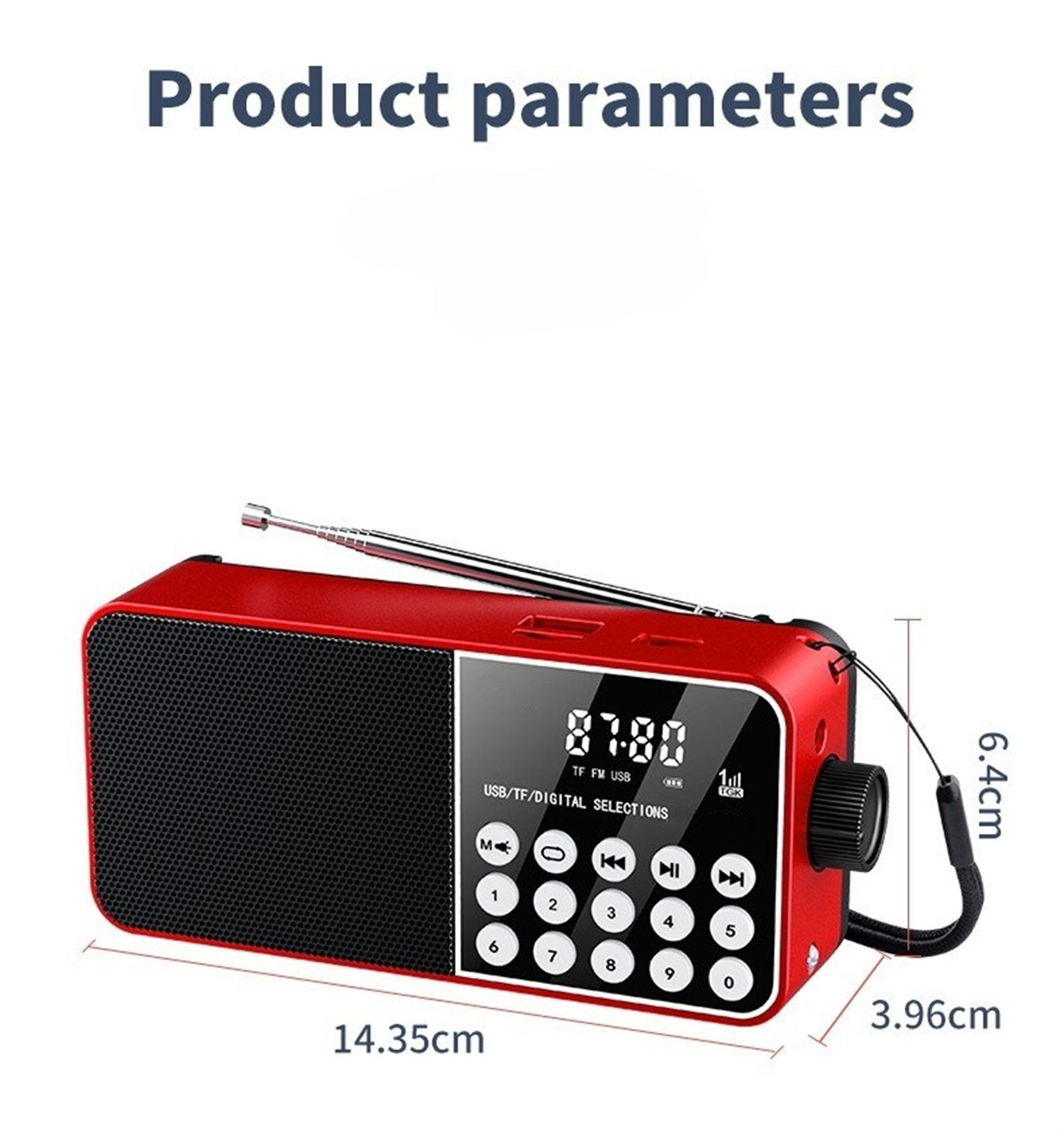 Ein rotes Radio mit Digitalanzeige, Knöpfen und Antenne, mit angegebenen Abmessungen.