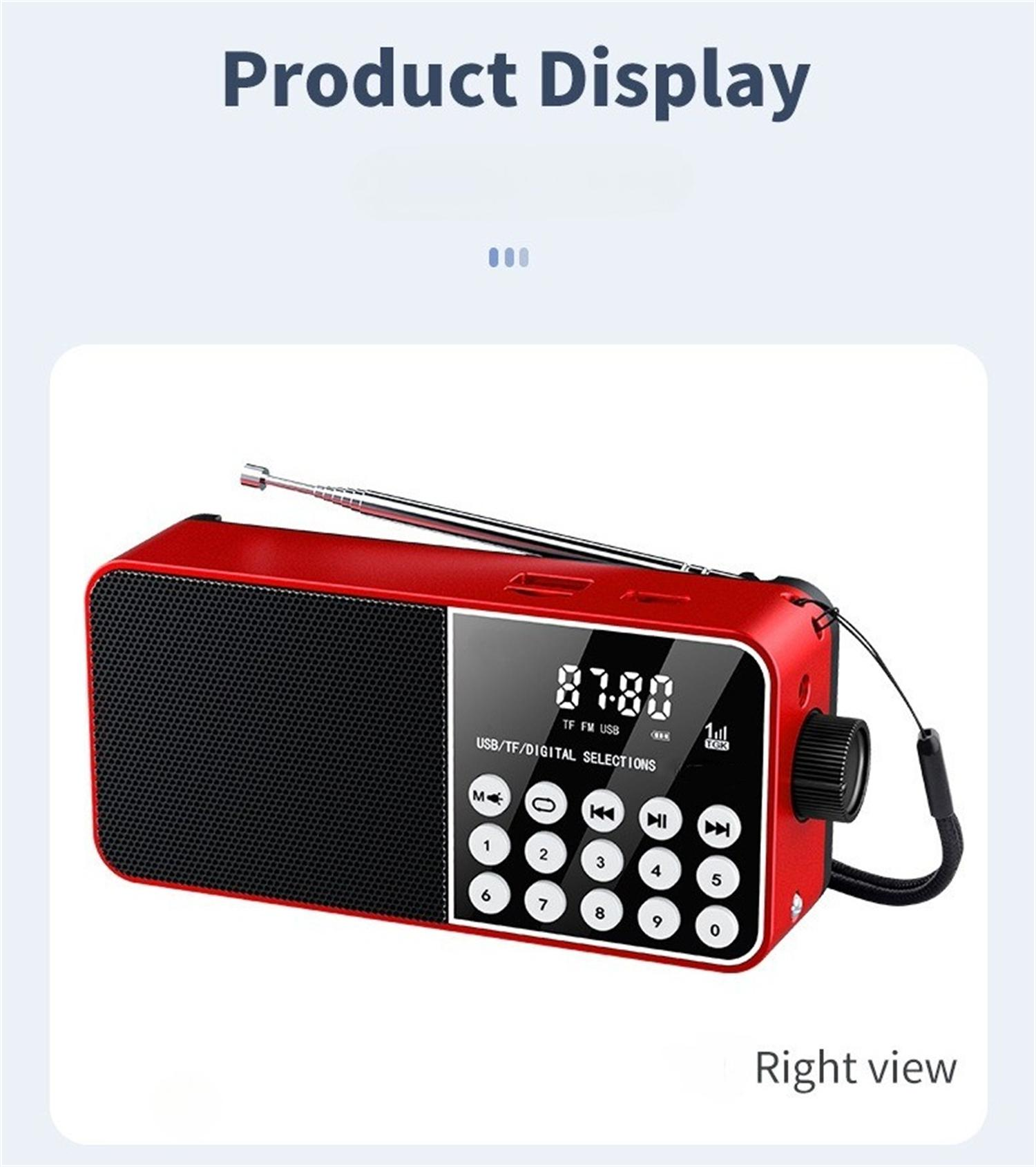 Rotes tragbares Radio, Vorderansicht, zeigt Display, Tasten und Antenne.