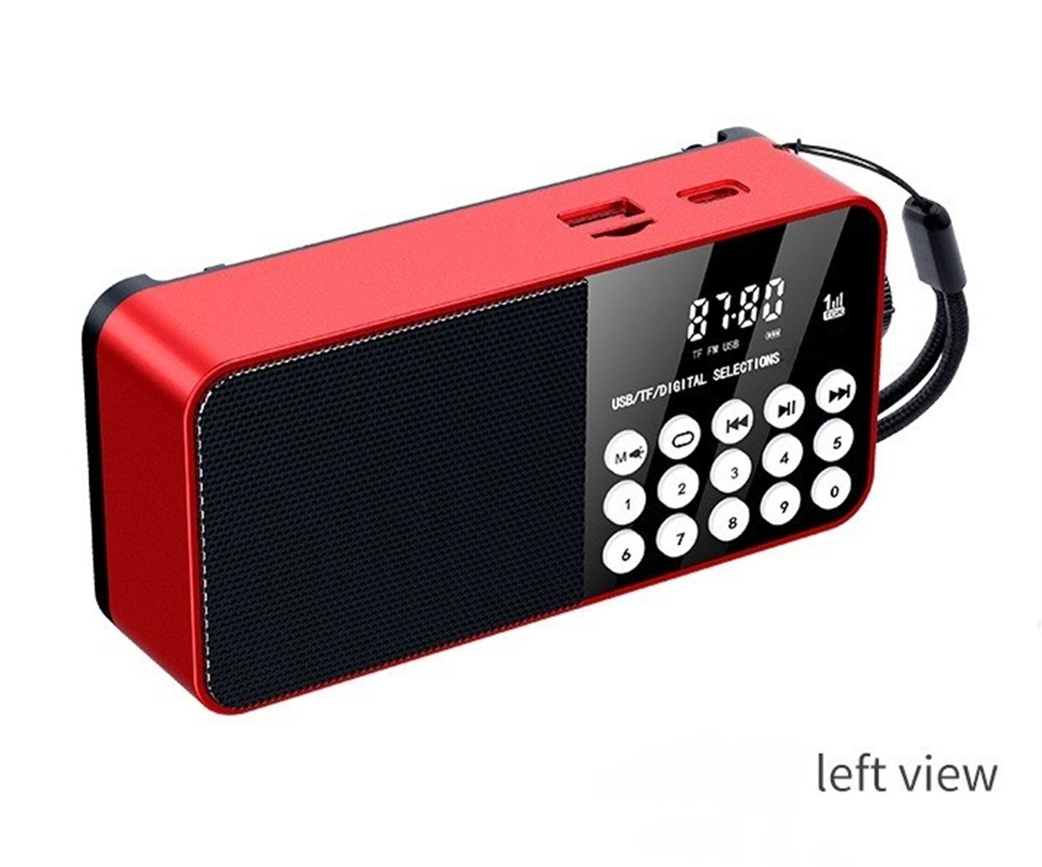 Rotes und schwarzes tragbares Radio mit Knöpfen, Display und Griff. Es hat USB- und TF-Anschlüsse.