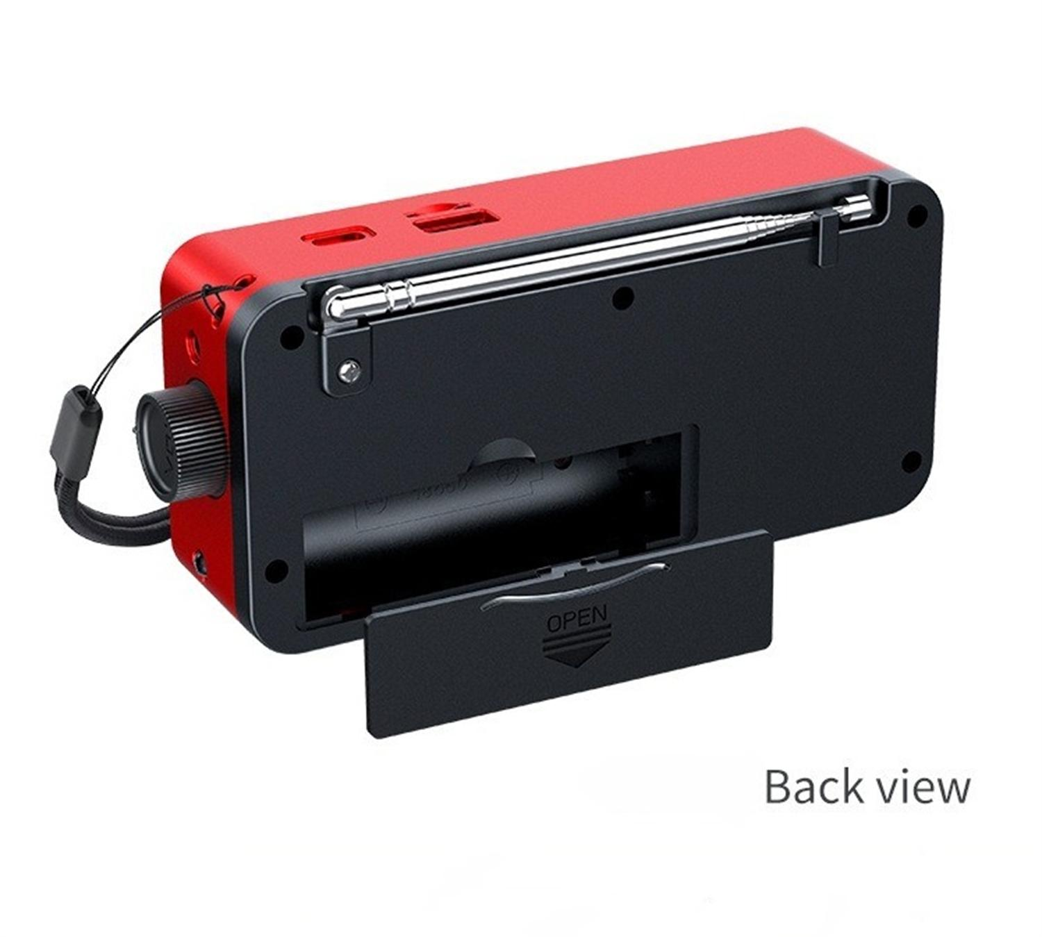 Rotes Radio mit schwarzer Rückseite, Antenne oben und offener Batterietür. Text: 'Rückansicht'.