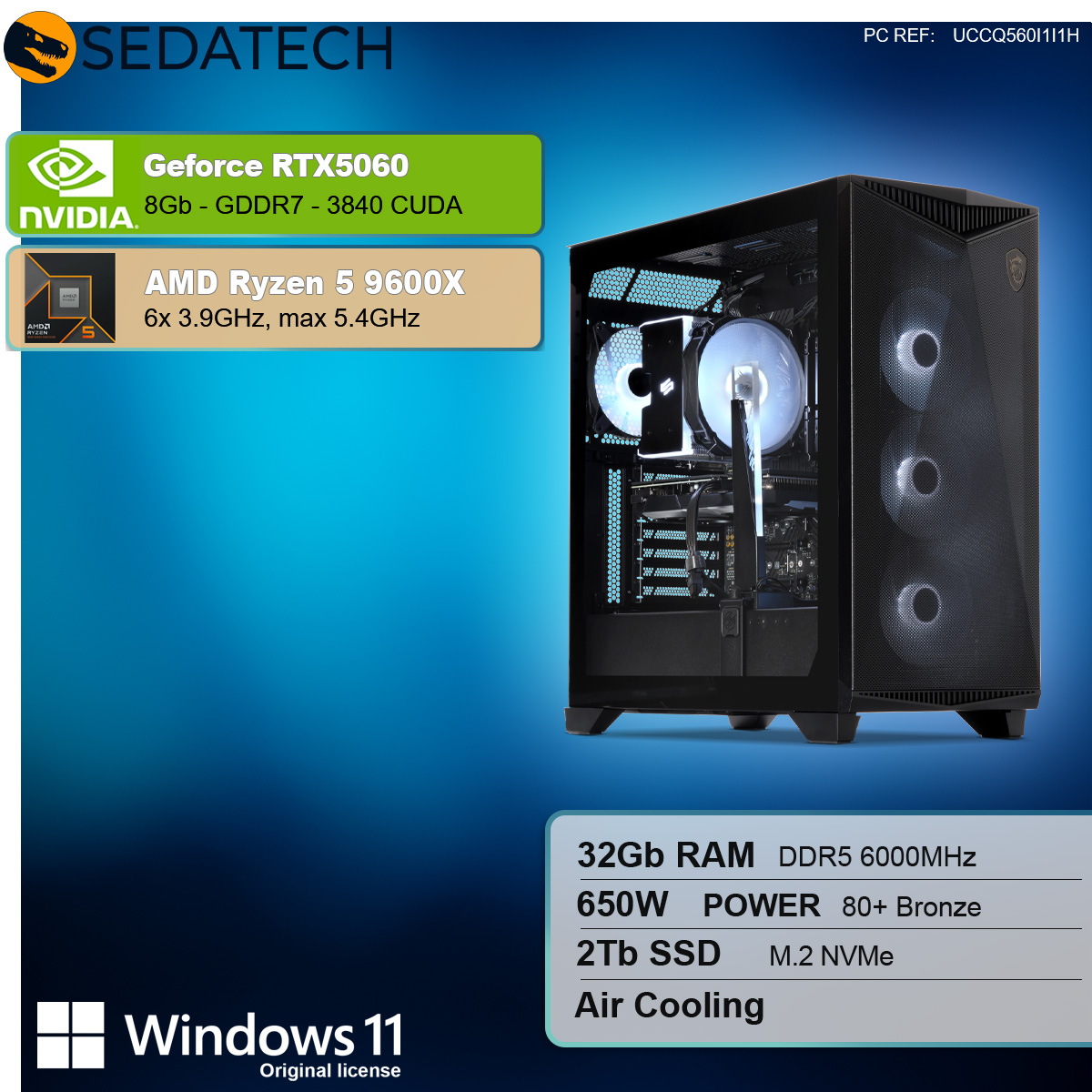 Obudowa komputera z wymienionymi komponentami: Nvidia RTX5060, AMD Ryzen 5 9600X, 32 GB RAM, 2 TB SSD i chłodzenie powietrzem.