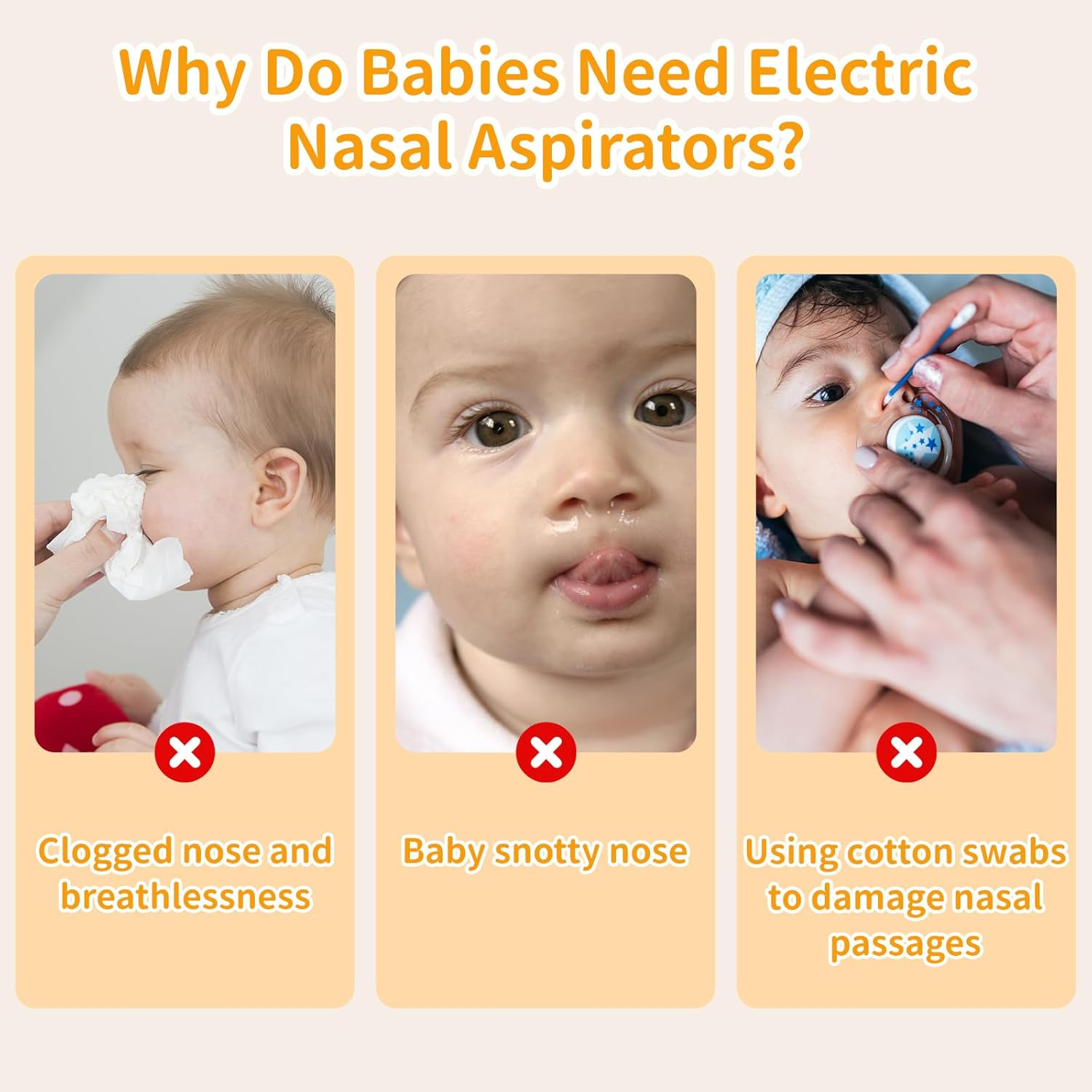 Drei Bilder, die zeigen, warum Babys elektrische Nasensauger brauchen: Verstopfte Nase, schnupfige Nase und Tupfer.
