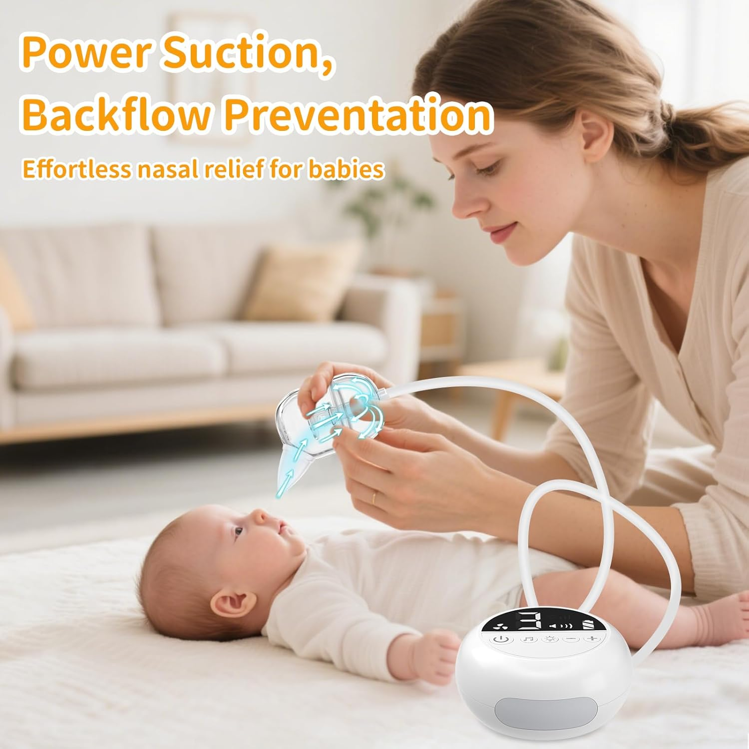 Eine Frau benutzt einen Nasensauger an einem Baby. Text: 'Power Suction, Backflow Prevention', wirbt für leichte Linderung.