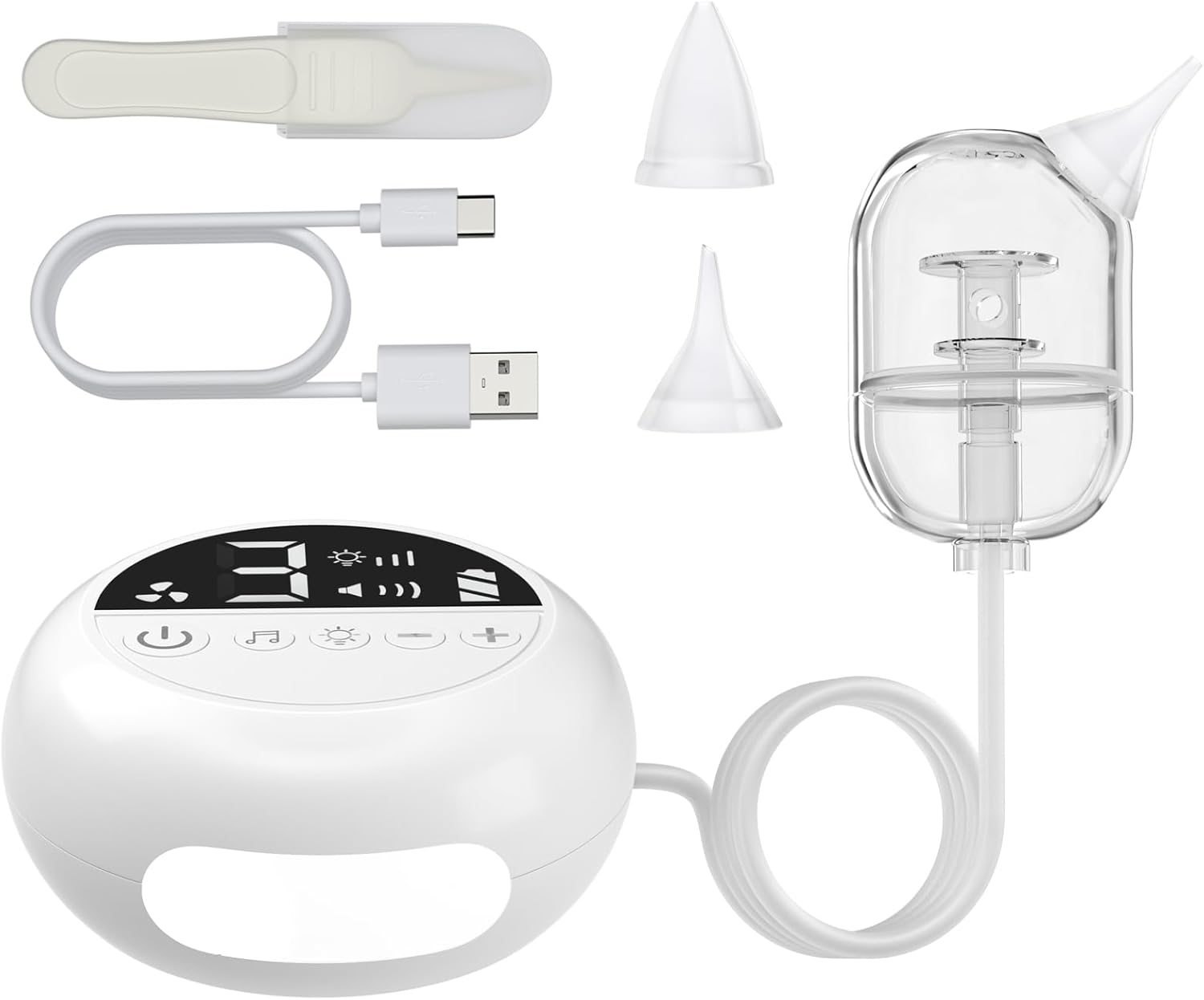 Weißer Baby-Nasensauger mit Aufsätzen. Enthält eine Pumpe, Düse und USB-Ladekabel.