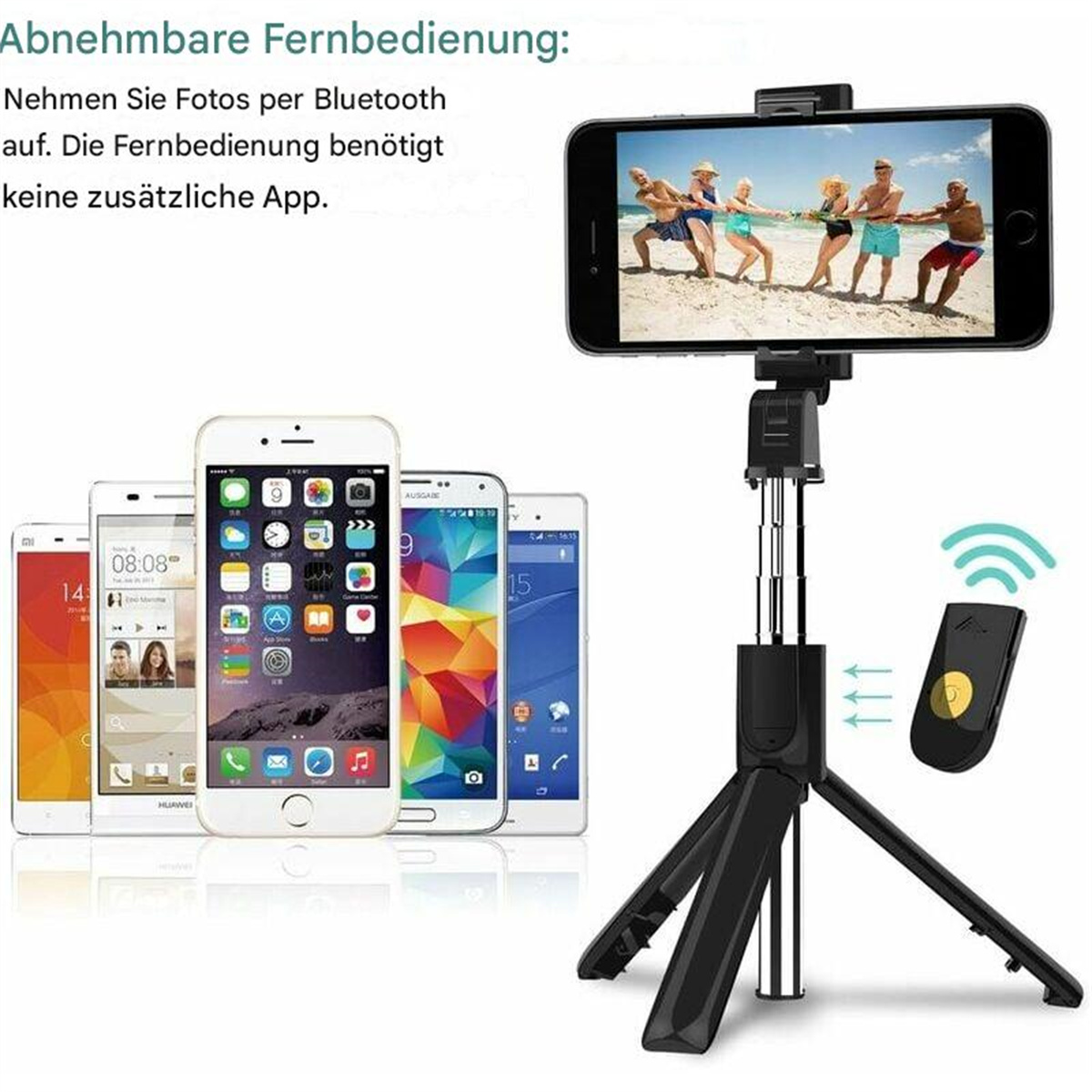 Ein Selfie-Stick mit angeschlossenem Telefon, das Personen beim Fotografieren zeigt. Mehrere Telefone befinden sich im Hintergrund.