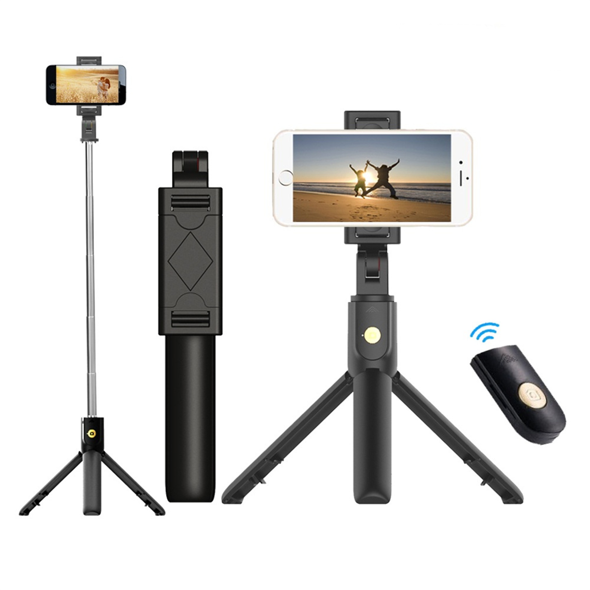 Drei Selfie-Sticks. Einer ausgezogen, einer zusammengeklappt und einer auf einem Stativ, mit Fernbedienung.