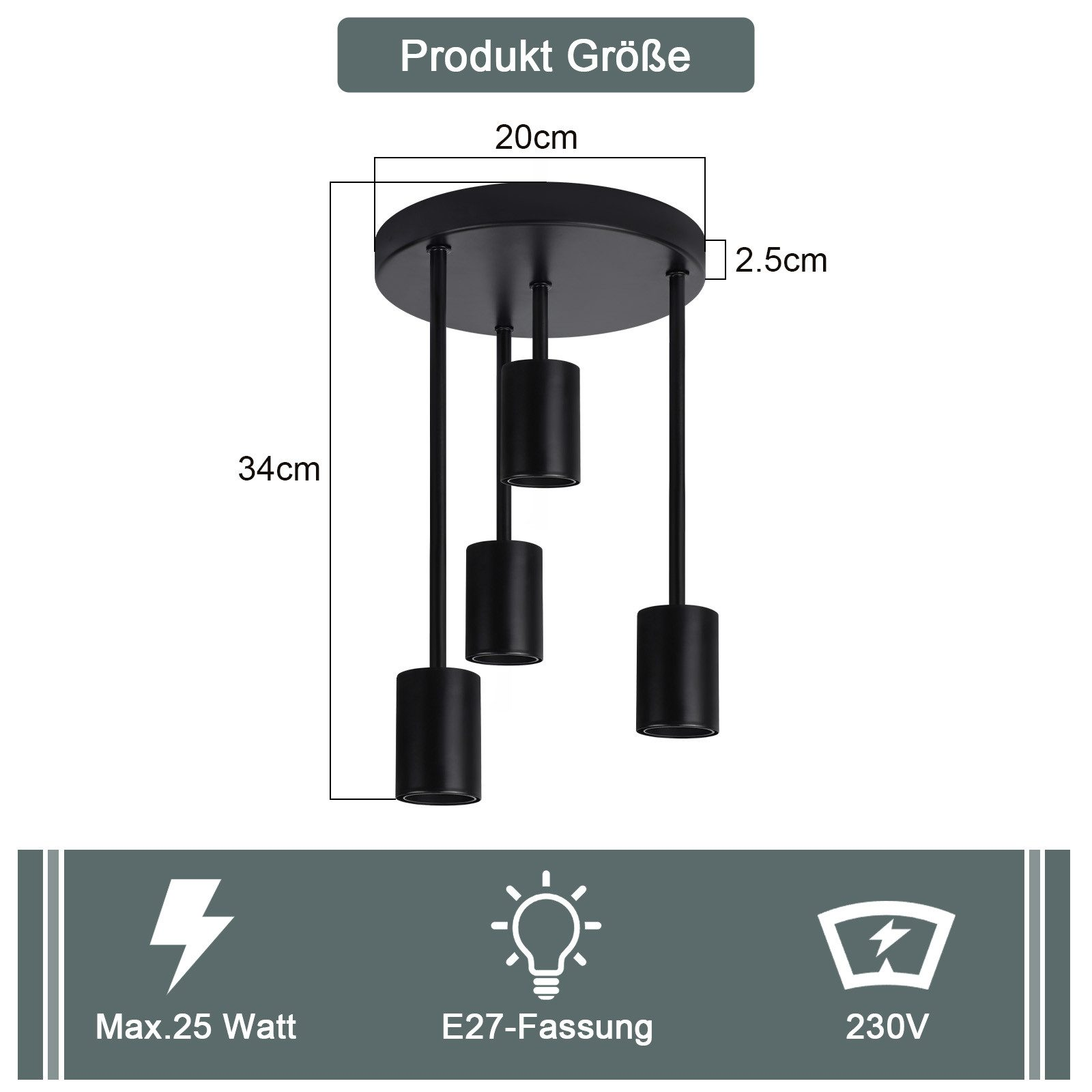 Czarna lampa wisząca z trzema cylindrycznymi światłami. Wymiary: 34 cm długości, 20 cm szerokości. Maks. 25 W, gniazdo E27.