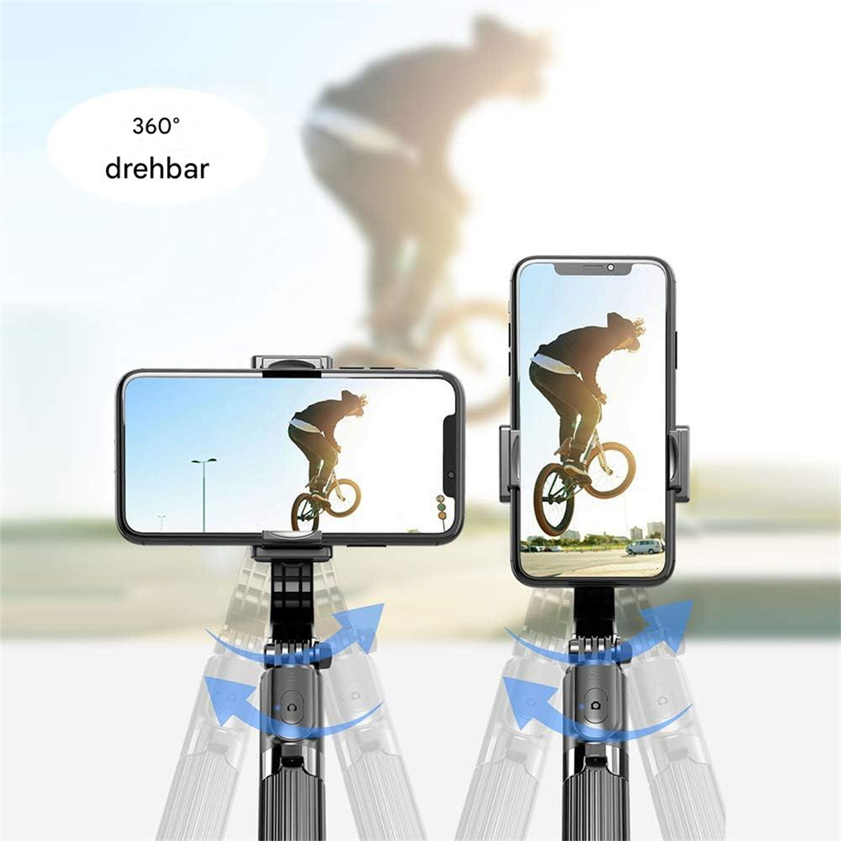 Zwei Telefone auf Selfie-Sticks, im Hintergrund ein Mann auf dem Fahrrad.